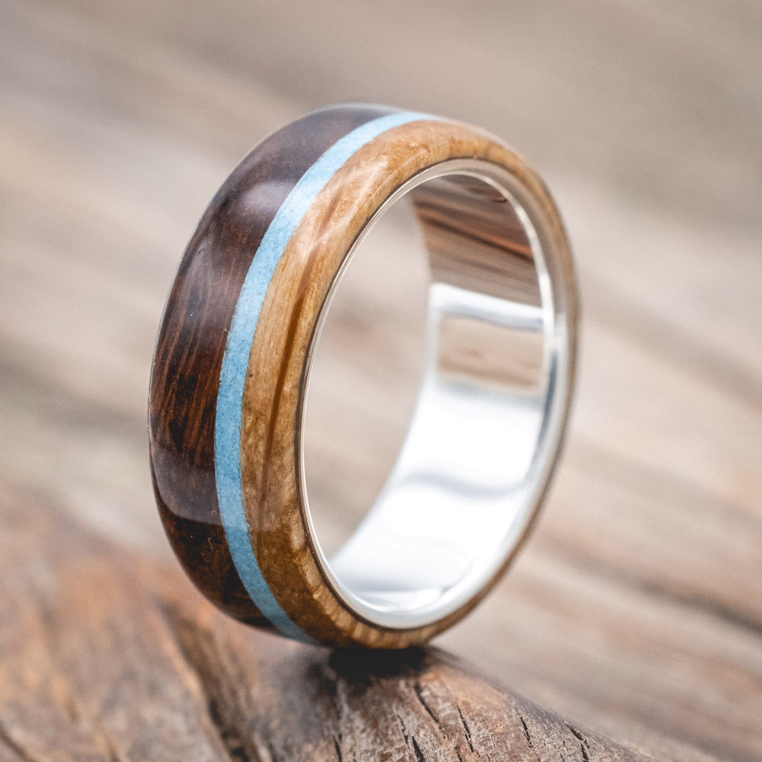 "ARGOS" - IRONWOOD, TURQUOISE & WHISKEY BARREL OAK WEDDING RING-Staghead Designs