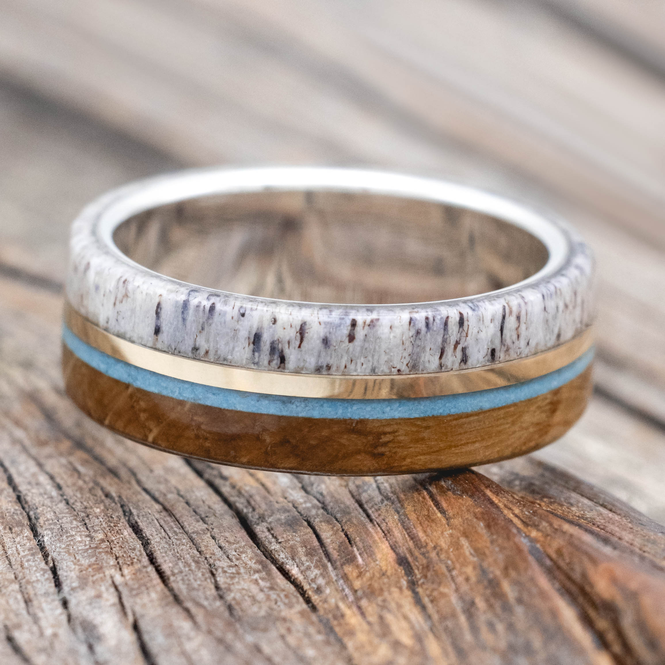 "ARGOS" - WHISKEY BARREL OAK, TURQUOISE, ANTLER & 14K GOLD INLAY WEDDING BAND-Staghead Designs