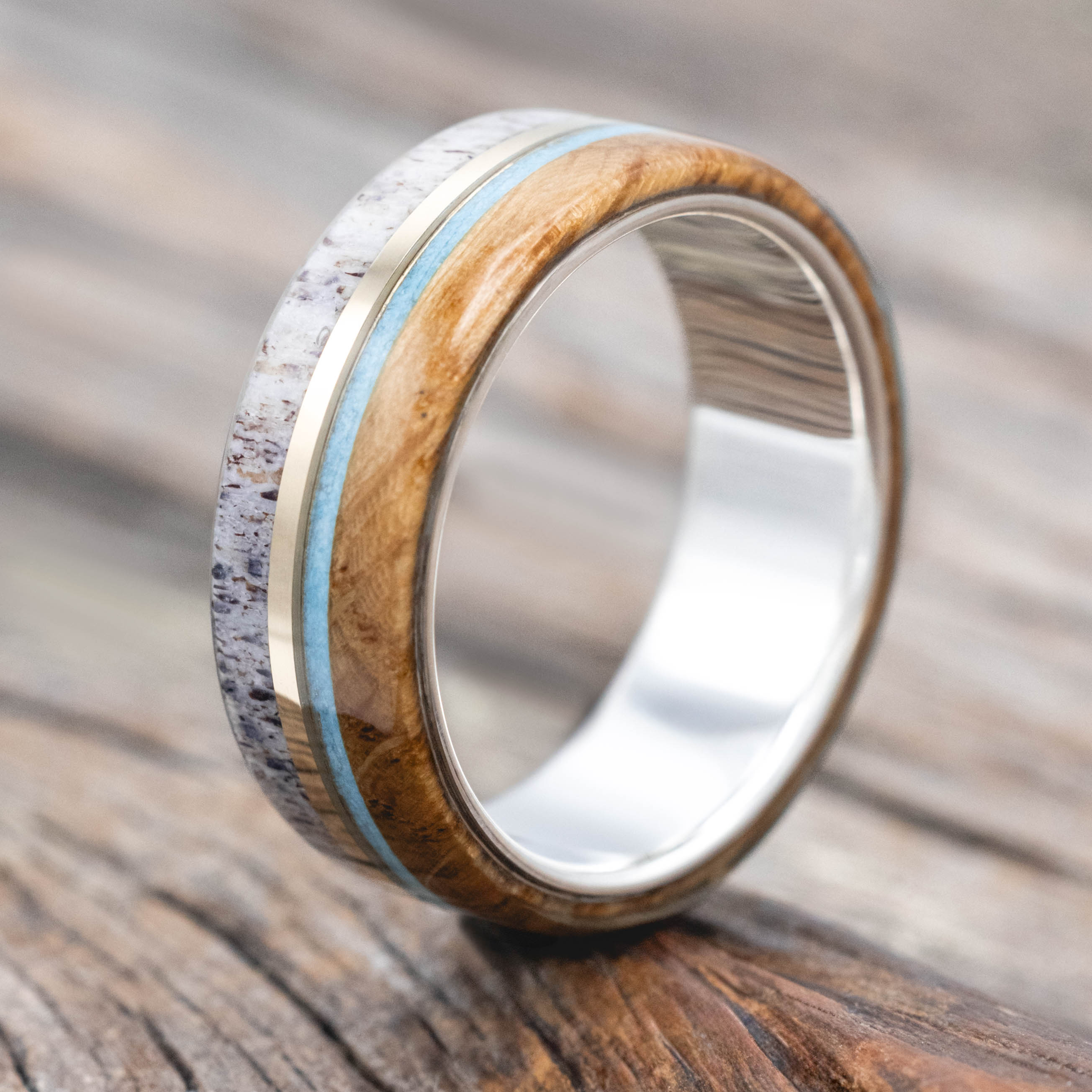 "ARGOS" - WHISKEY BARREL OAK, TURQUOISE, ANTLER & 14K GOLD INLAY WEDDING BAND-Staghead Designs