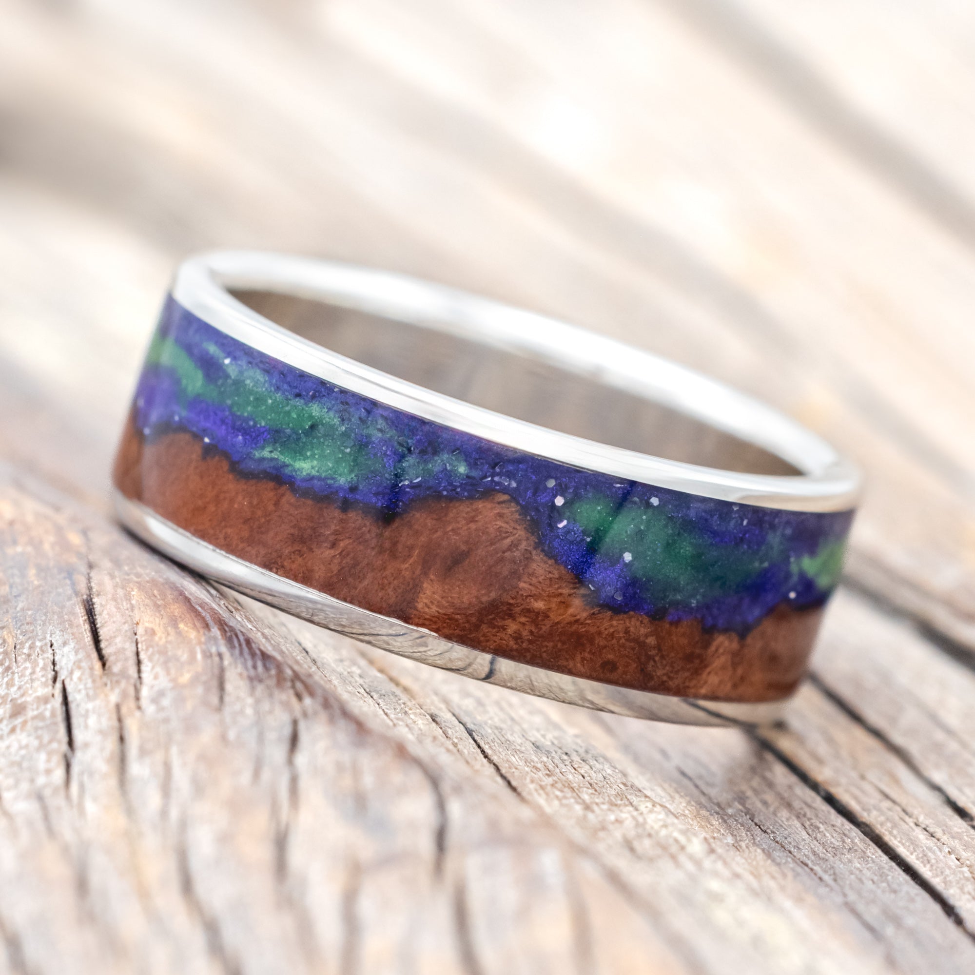 "BOREALIS" - MOUNTAIN ENGRAVED WEDDING RING WITH REDWOOD & GLOW IN THE DARK NORTHERN LIGHTS-Staghead Designs