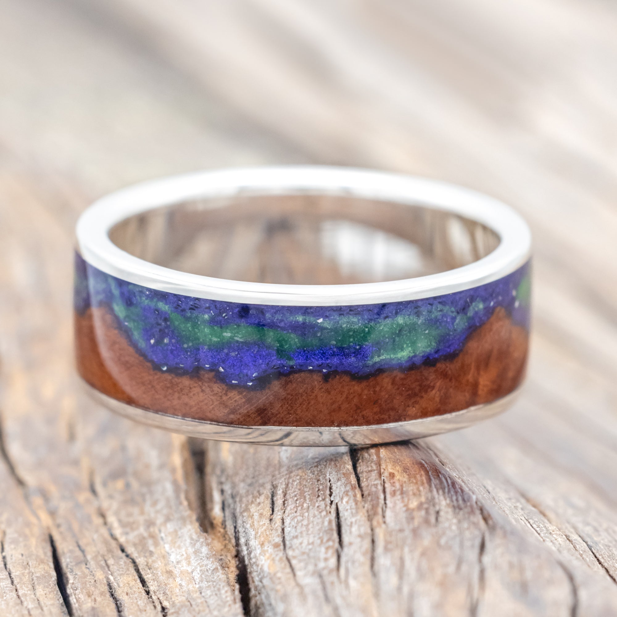 "BOREALIS" - MOUNTAIN ENGRAVED WEDDING RING WITH REDWOOD & GLOW IN THE DARK NORTHERN LIGHTS-Staghead Designs