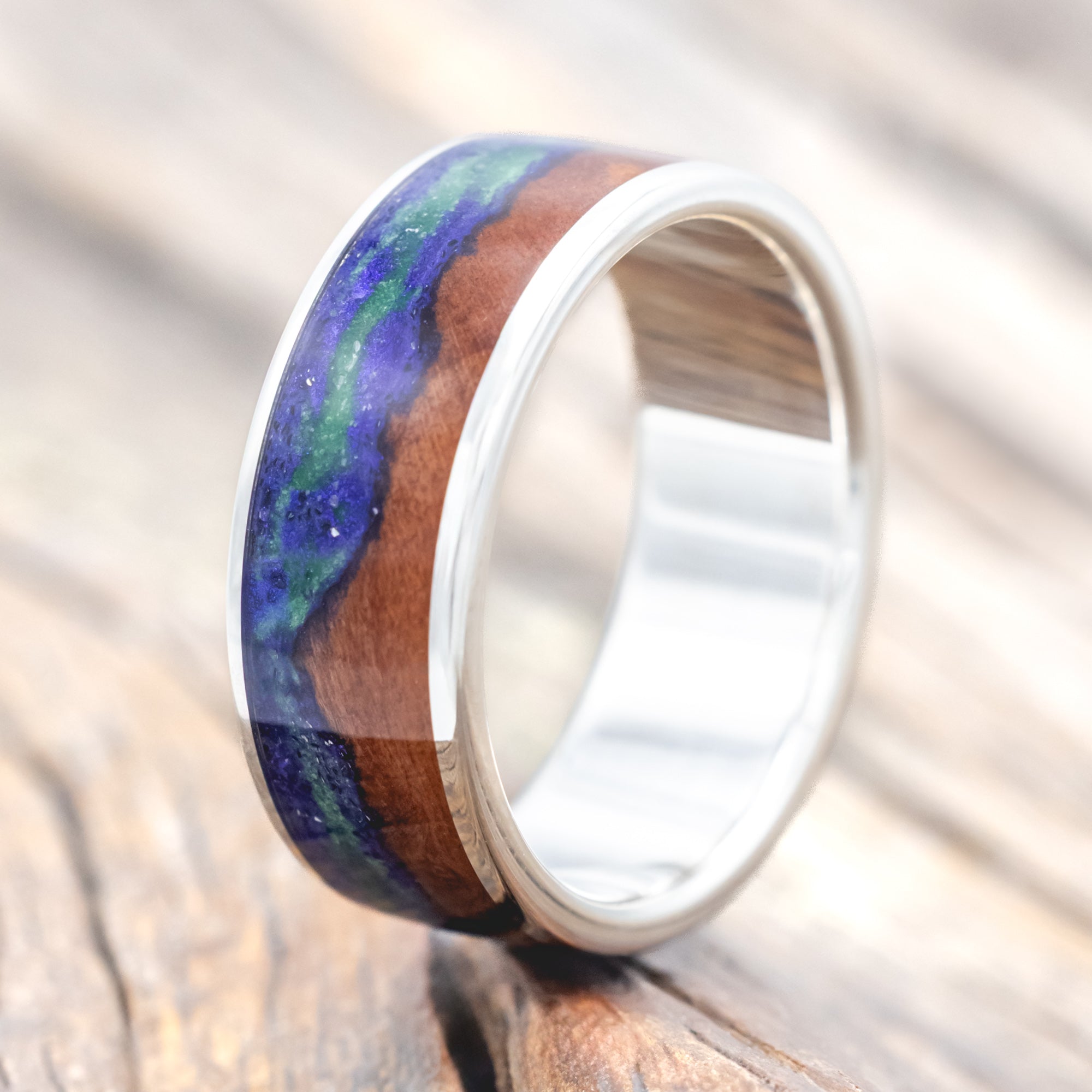 "BOREALIS" - MOUNTAIN ENGRAVED WEDDING RING WITH REDWOOD & GLOW IN THE DARK NORTHERN LIGHTS-Staghead Designs