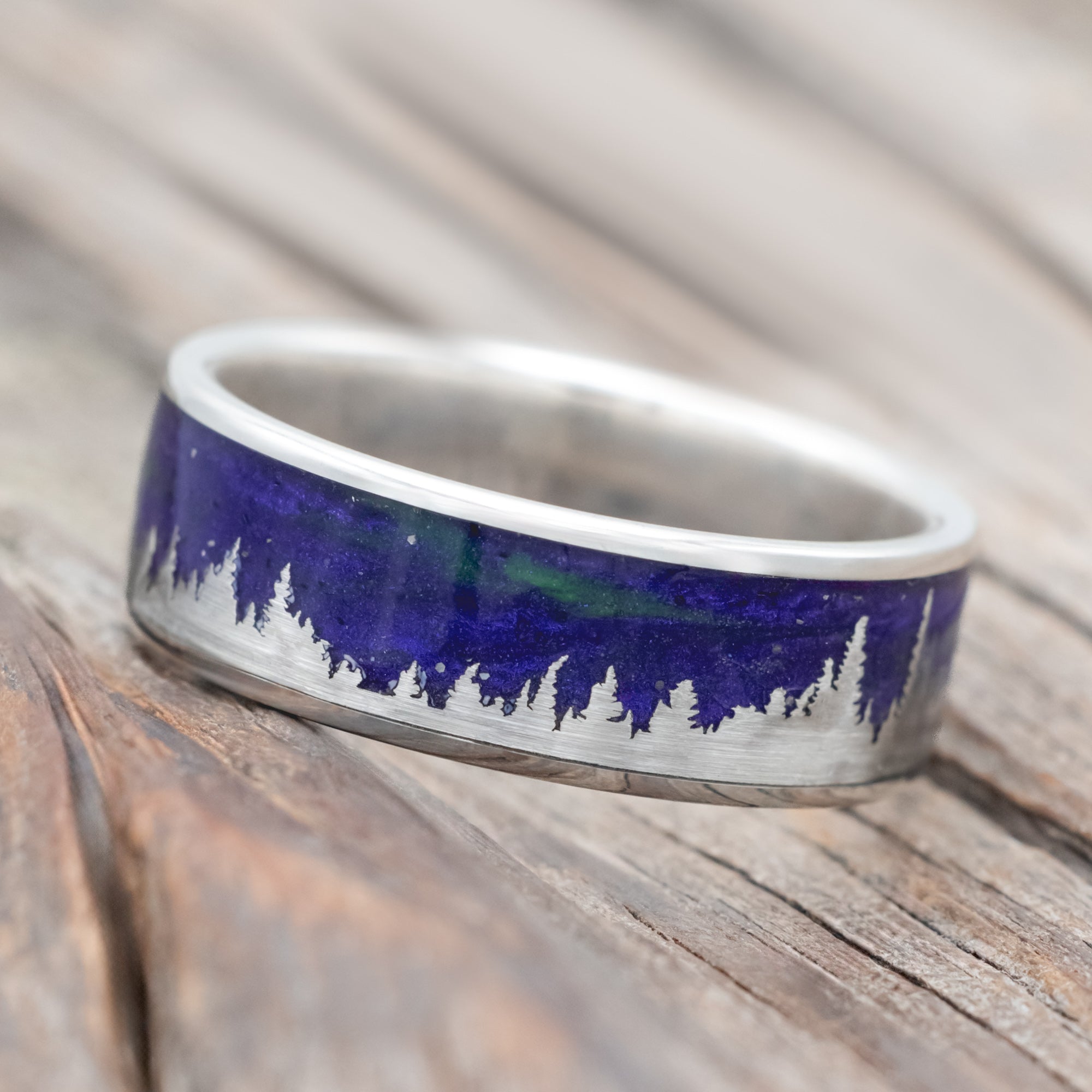 "BOREALIS" - SILVER TREES ENGRAVED WEDDING RING WITH GLOW IN THE DARK NORTHERN LIGHTS-Staghead Designs