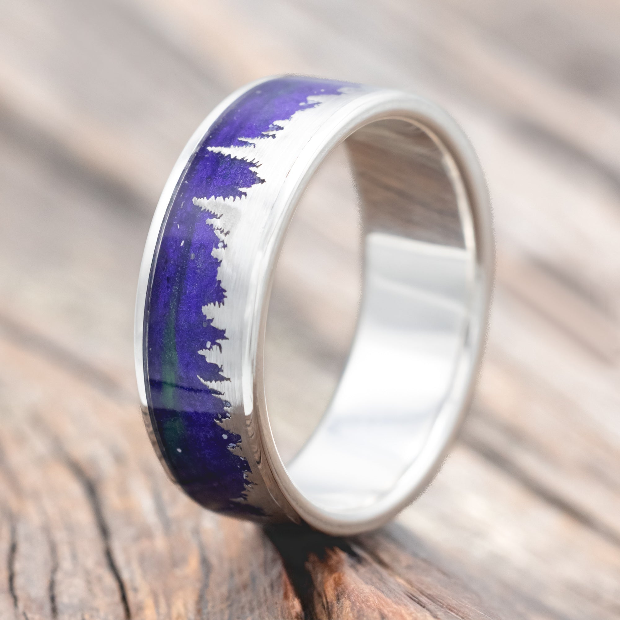 "BOREALIS" - SILVER TREES ENGRAVED WEDDING RING WITH GLOW IN THE DARK NORTHERN LIGHTS-Staghead Designs