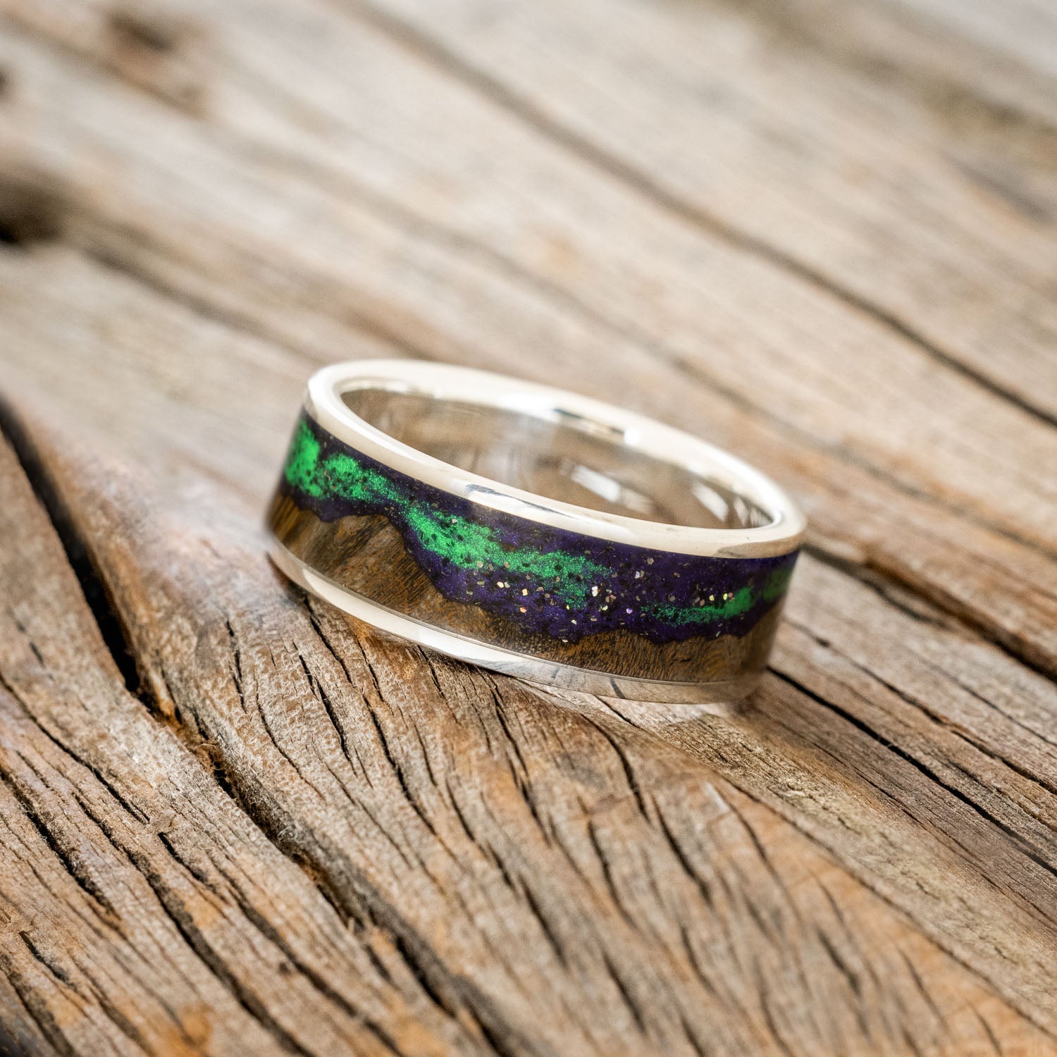 "BOREALIS" - MOUNTAIN ENGRAVED WEDDING RING WITH DARK MAPLE WOOD & GLOW IN THE DARK NORTHERN LIGHTS-19
