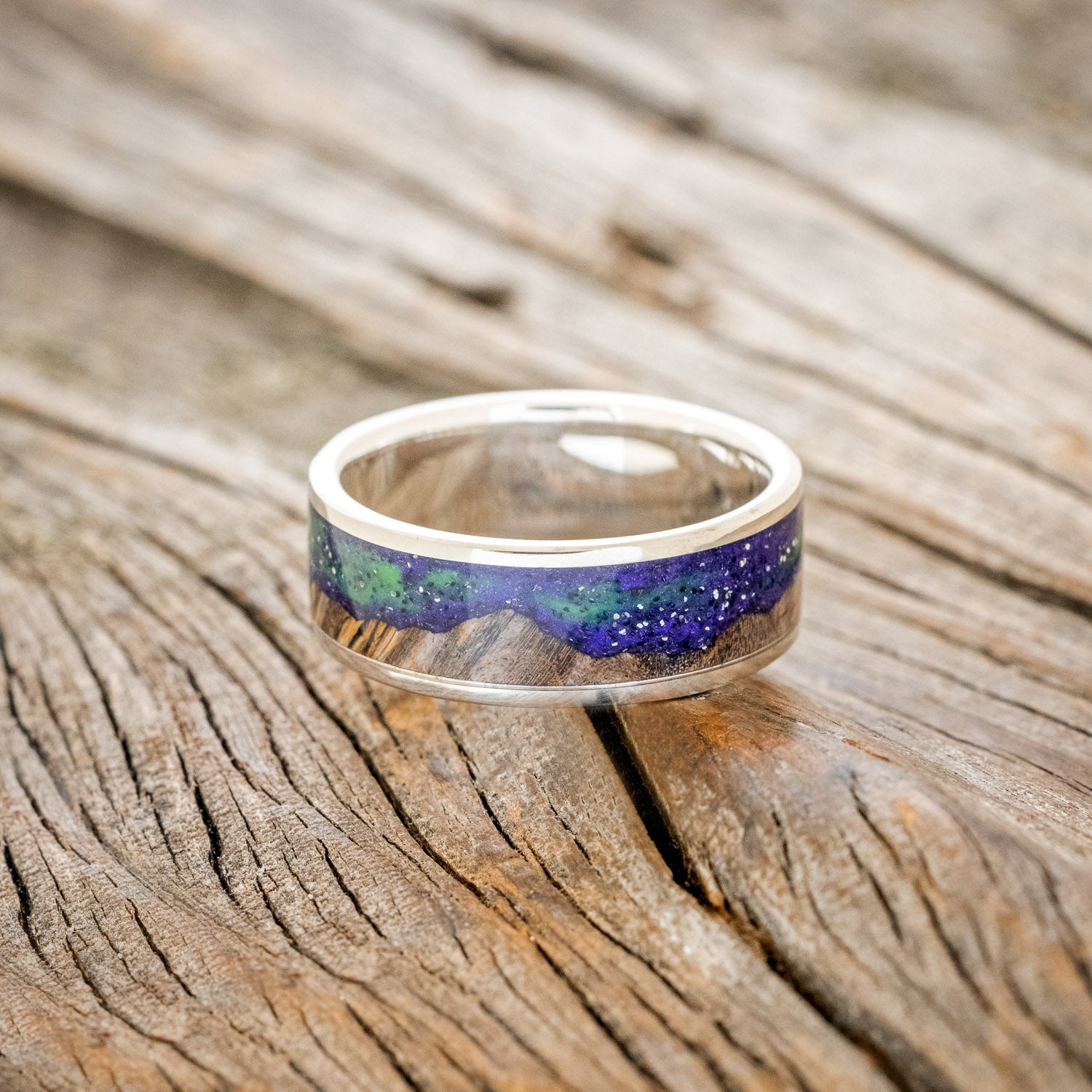 "BOREALIS" - MOUNTAIN ENGRAVED WEDDING RING WITH DARK MAPLE WOOD & GLOW IN THE DARK NORTHERN LIGHTS-17