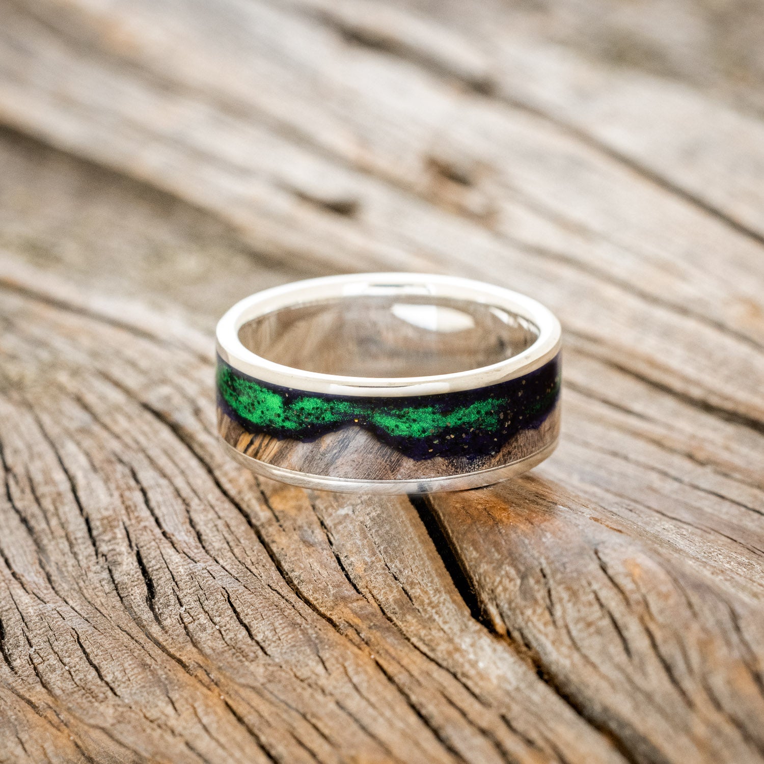 "BOREALIS" - MOUNTAIN ENGRAVED WEDDING RING WITH DARK MAPLE WOOD & GLOW IN THE DARK NORTHERN LIGHTS-20