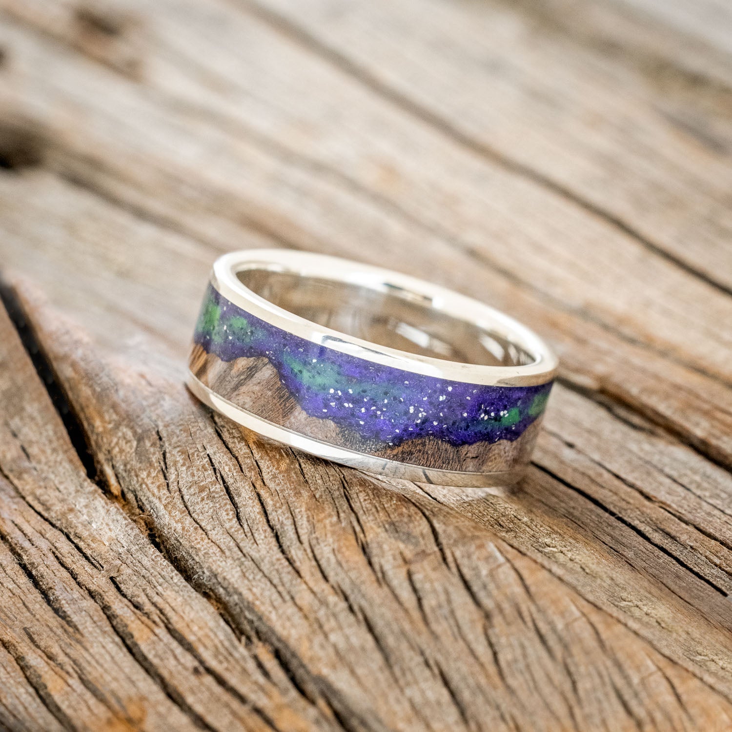 "BOREALIS" - MOUNTAIN ENGRAVED WEDDING RING WITH DARK MAPLE WOOD & GLOW IN THE DARK NORTHERN LIGHTS-16
