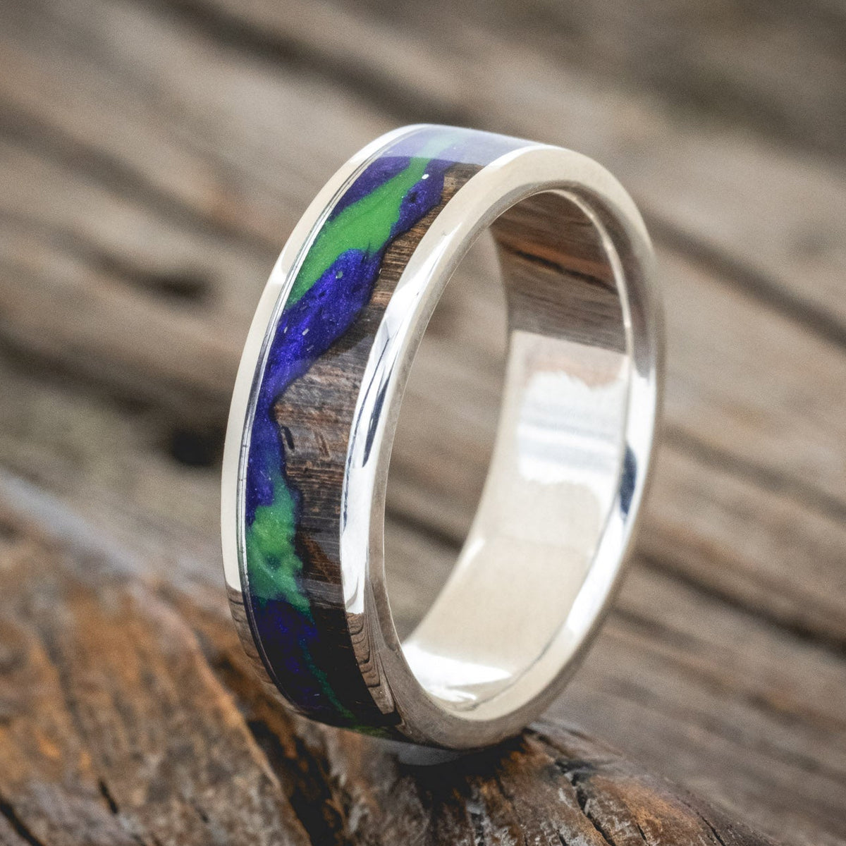 "BOREALIS" - MOUNTAIN ENGRAVED WEDDING RING WITH GLOW IN THE DARK NORTHERN LIGHTS-Staghead Designs