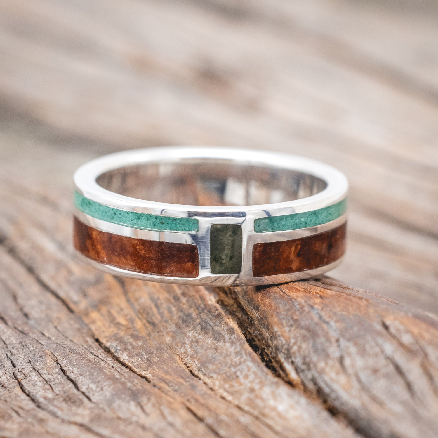 "BOWER" - REDWOOD, MALACHITE & MOSS AGATE WEDDING BAND-Staghead Designs