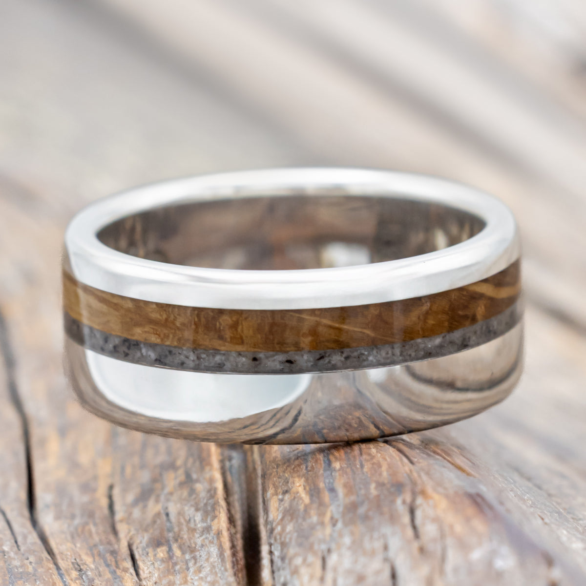 "Castor" - Granite & Whiskey Barrel Oak Wedding Ring-Staghead Designs