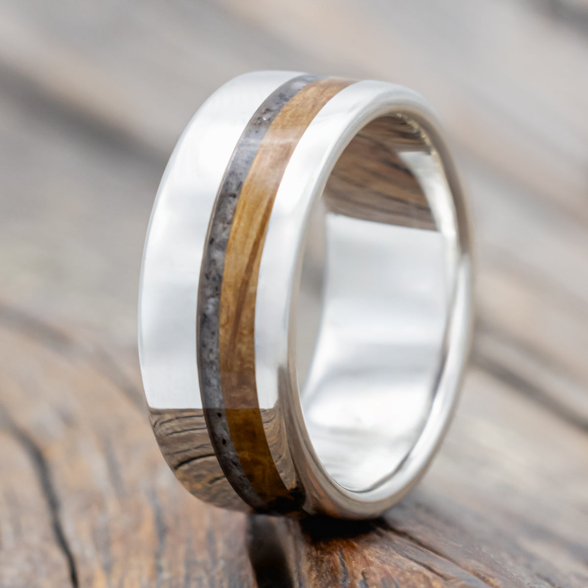 "Castor" - Granite & Whiskey Barrel Oak Wedding Ring-Staghead Designs