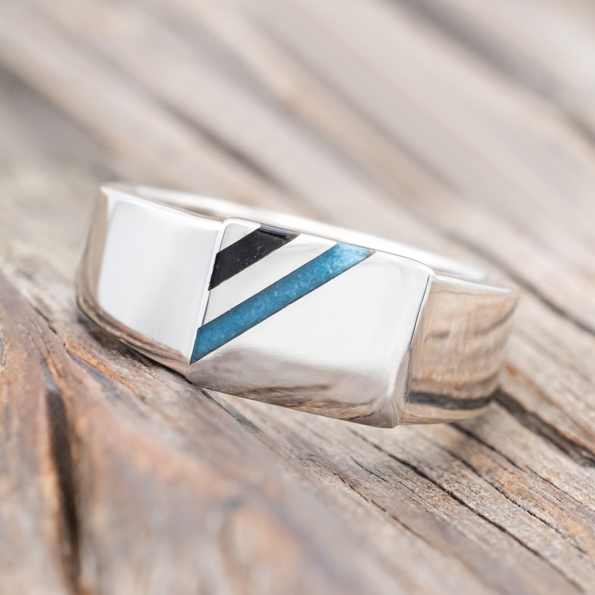 "COLTER" - FLAT TOP WEDDING RING FEATURING DIAGONAL ONYX & TURQUOISE INLAYS-Staghead Designs