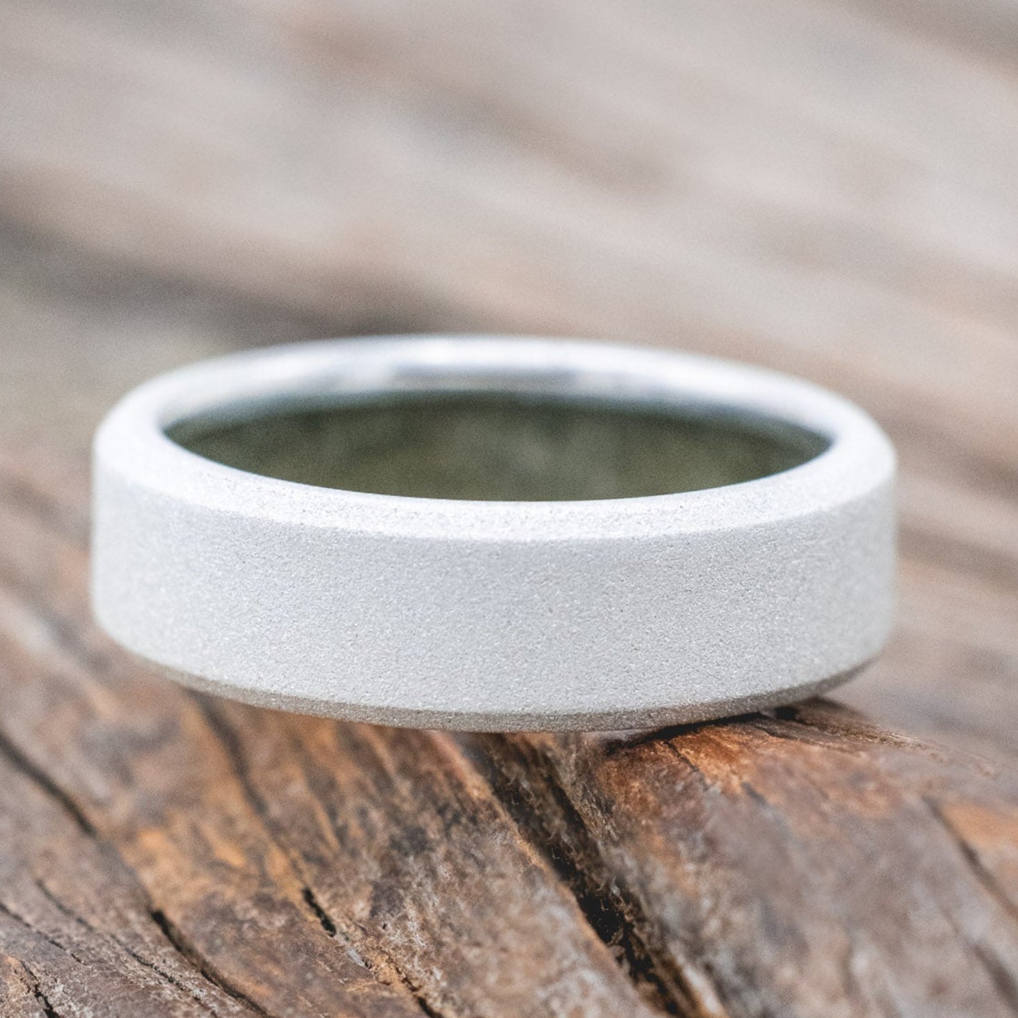 CRUSHED MOSS AGATE LINED WEDDING BAND WITH A SANDBLASTED FINISH-Staghead Designs