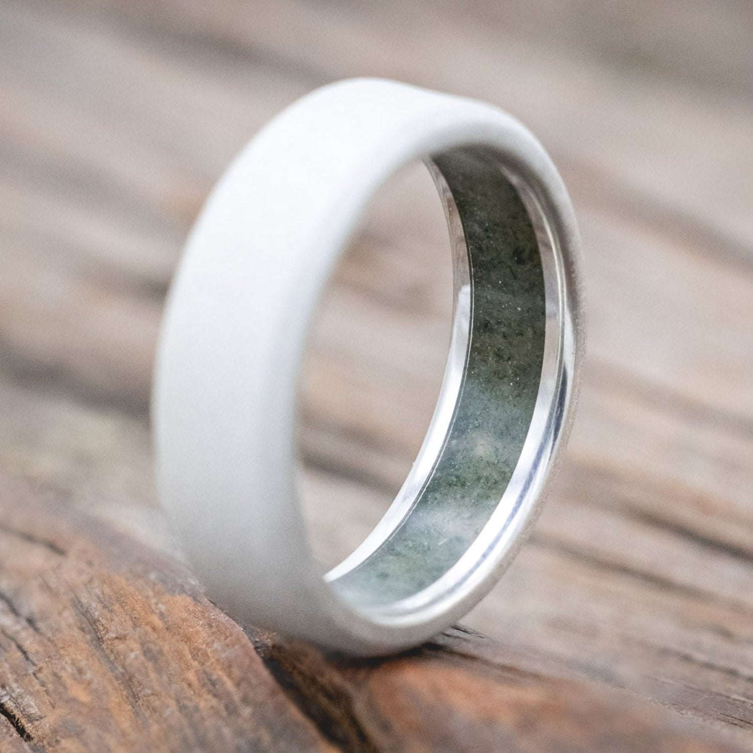 CRUSHED MOSS AGATE LINED WEDDING BAND WITH A SANDBLASTED FINISH-Staghead Designs