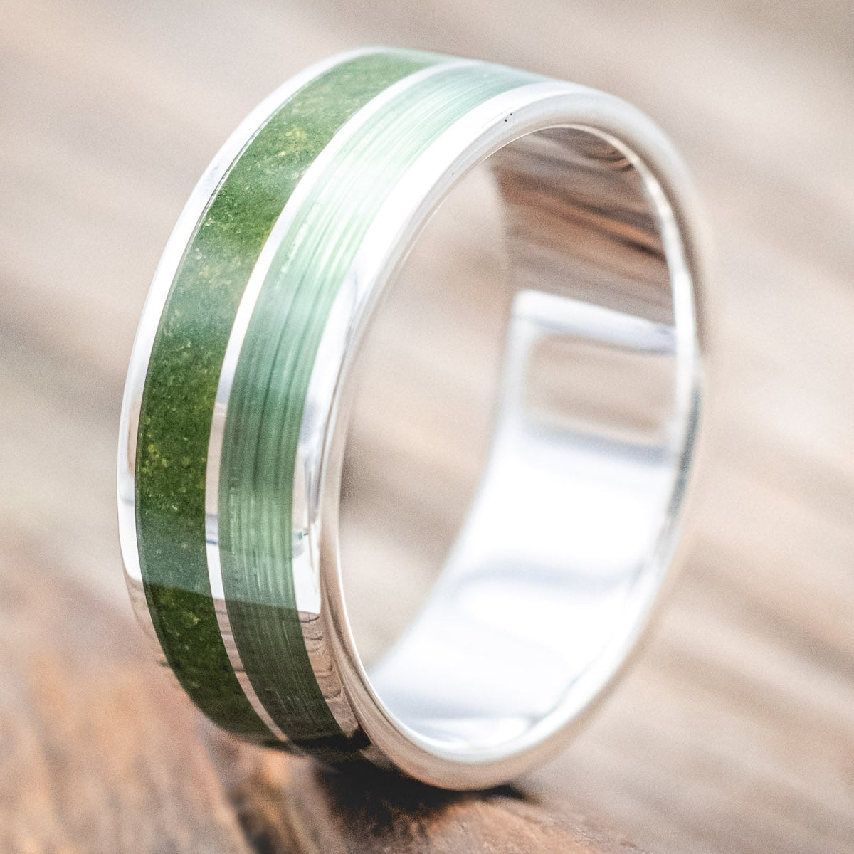 "DYAD" - MOSS & FISHING LINE WEDDING BAND-Staghead Designs