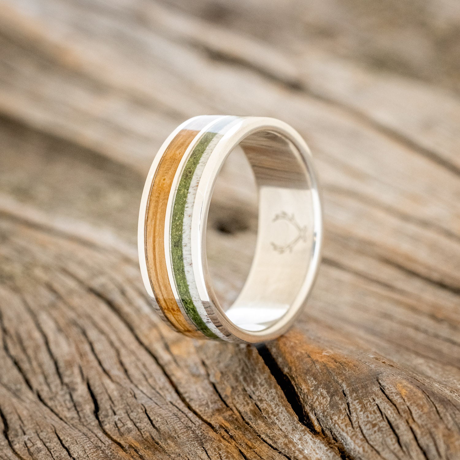 "DYAD" - MOSS, ANTLER & WHISKEY BARREL OAK WEDDING BAND-4