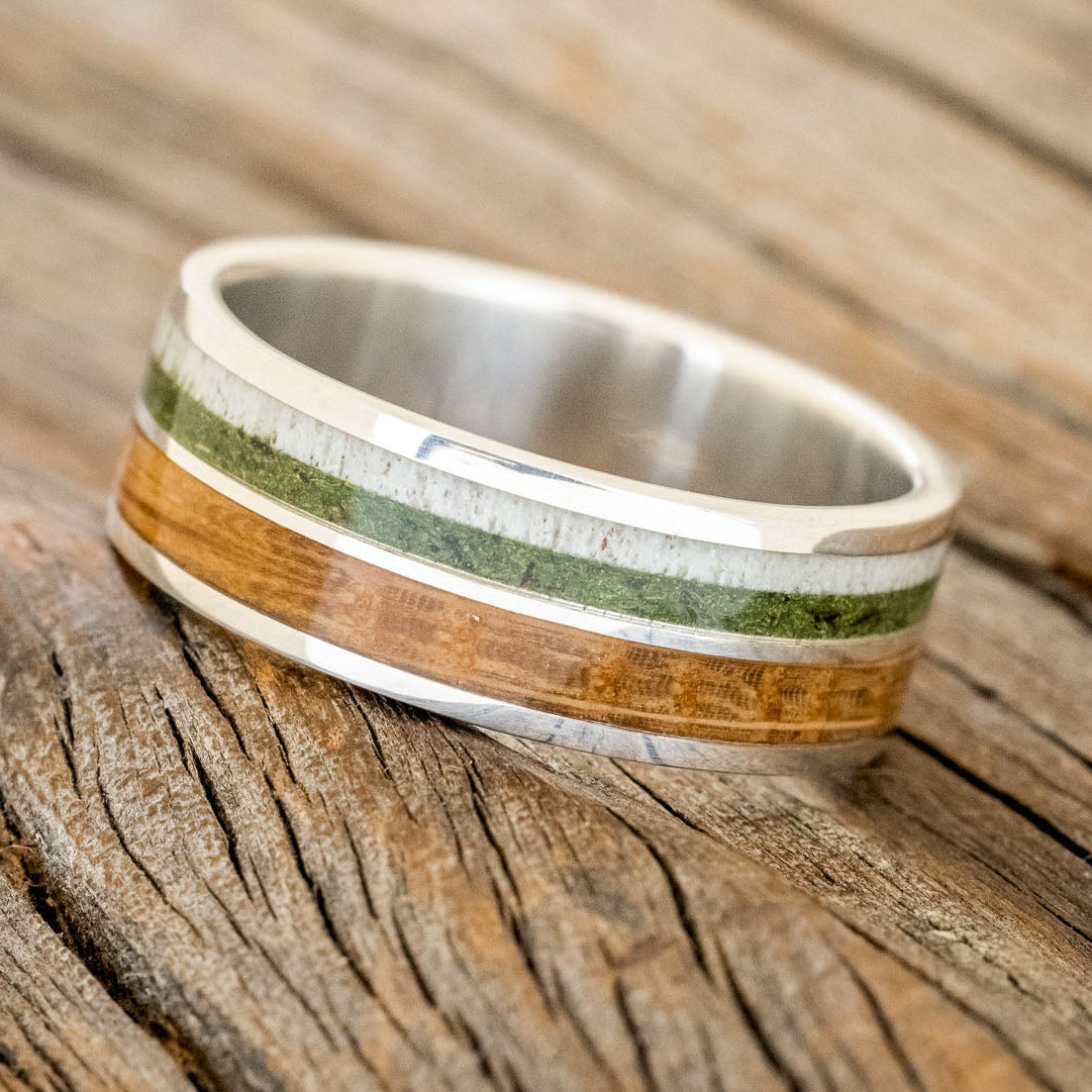 "Dyad" - Moss, Antler & Whiskey Barrel Oak Wedding Band