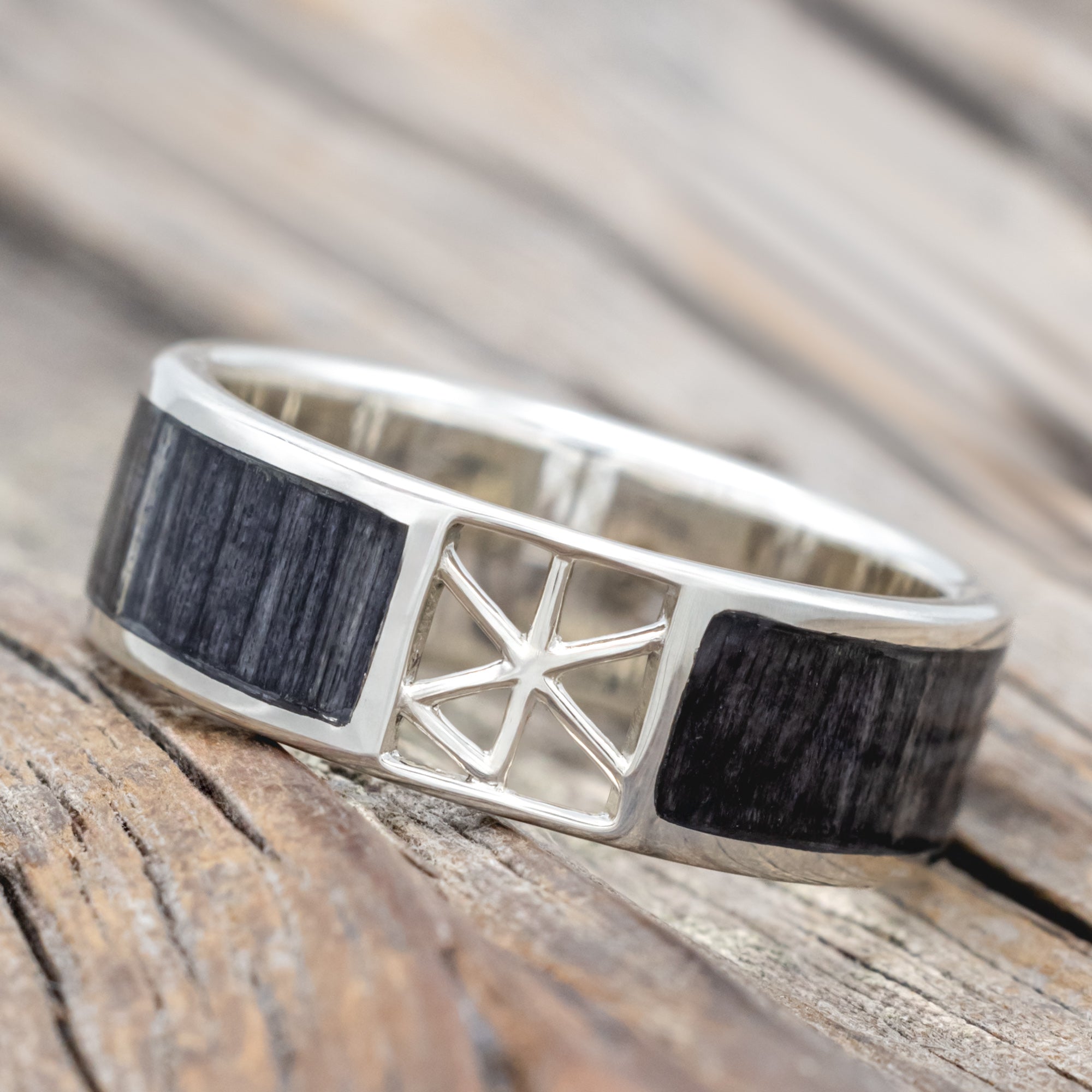"Erik" - Grey Birch Wood Wedding Band With Love Bind Rune Cutout-Staghead Designs