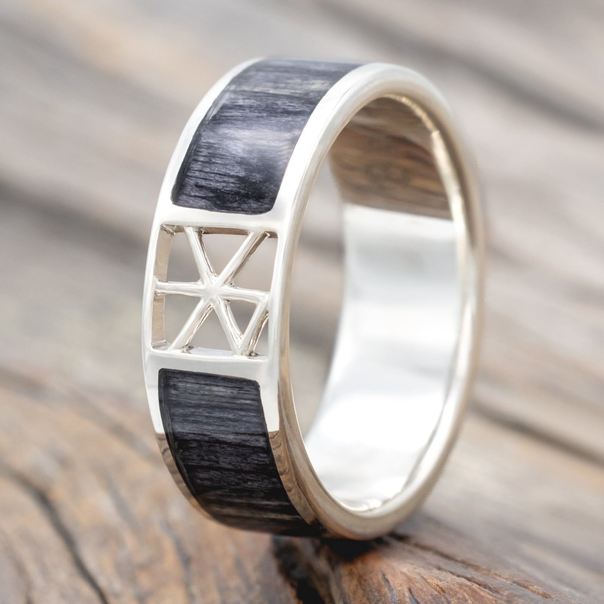 "Erik" - Grey Birch Wood Wedding Band With Love Bind Rune Cutout-Staghead Designs