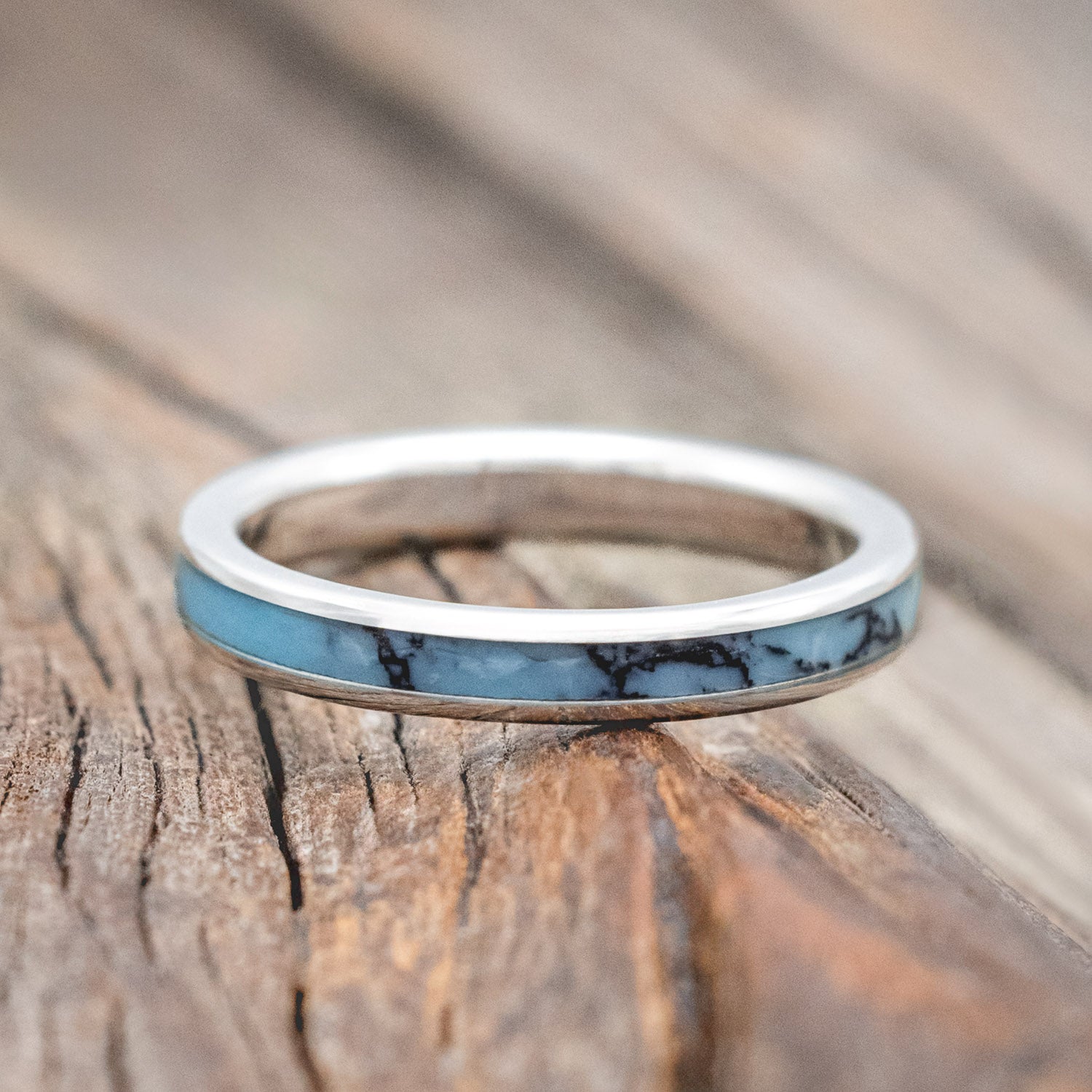 "Eterna" - wedding band featuring turquoise & black matrix TruStone inlay.