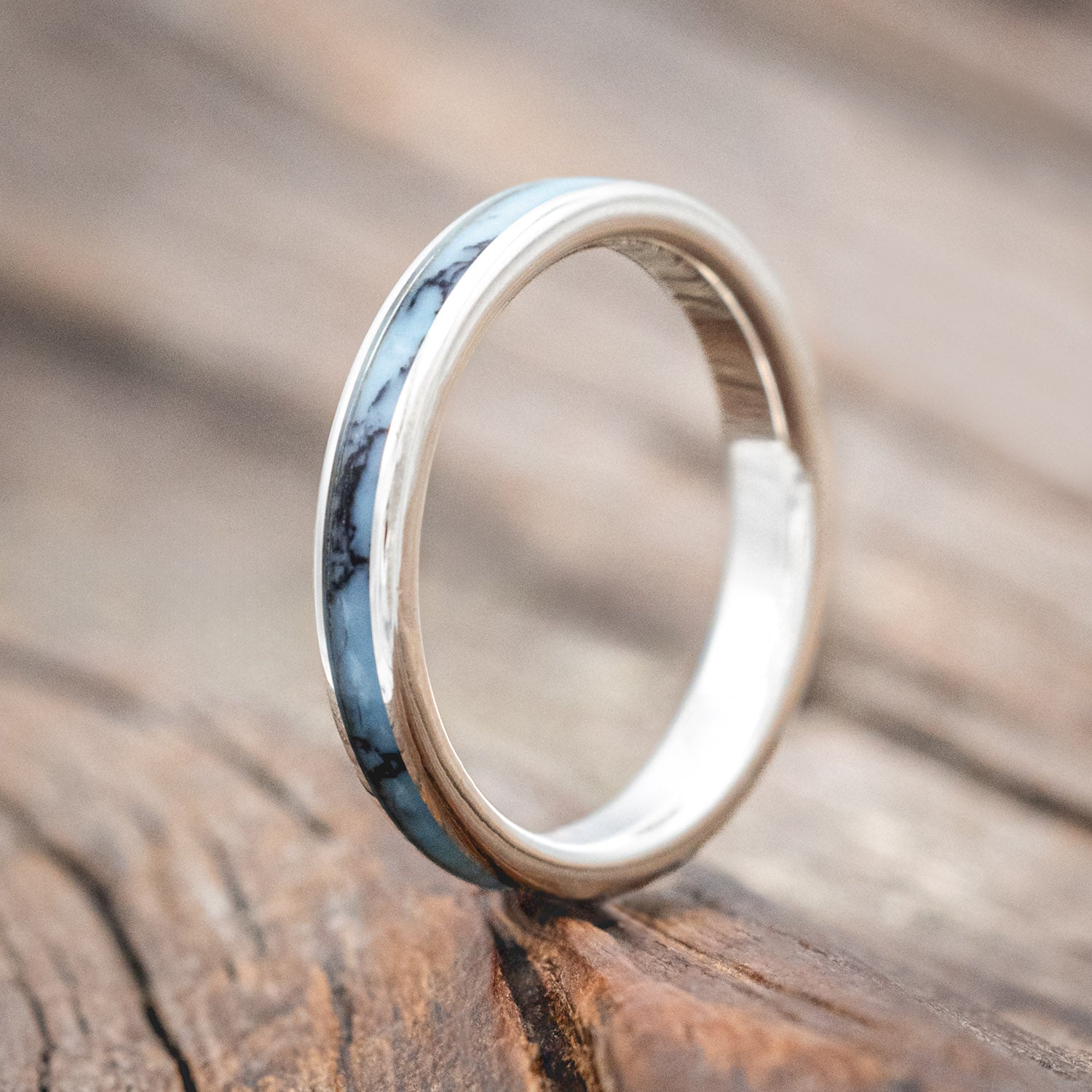 "Eterna" - wedding band featuring turquoise & black matrix TruStone inlay.
