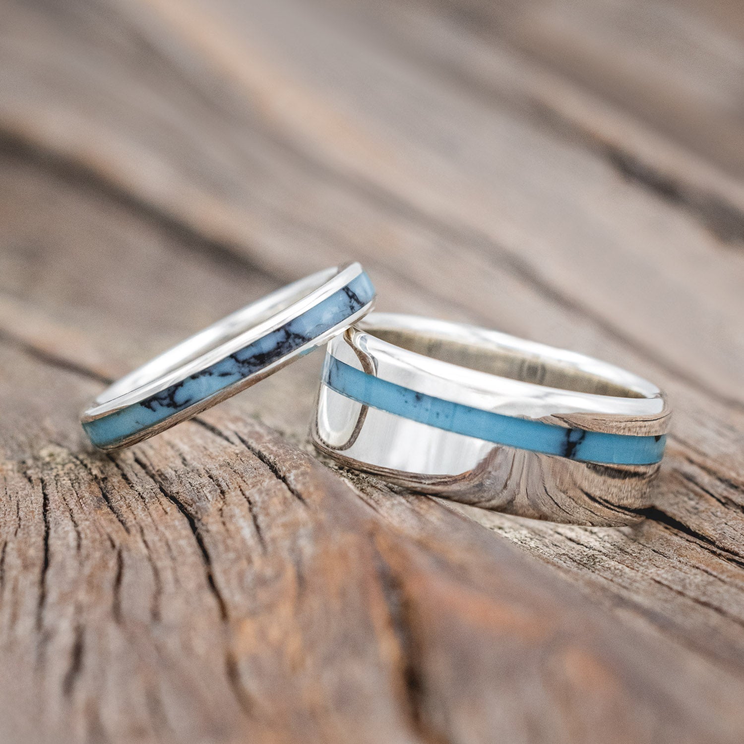Matching wedding band set of "Eterna" & "Vertigo" featuring turquoise & black matrix TruStone inlay.