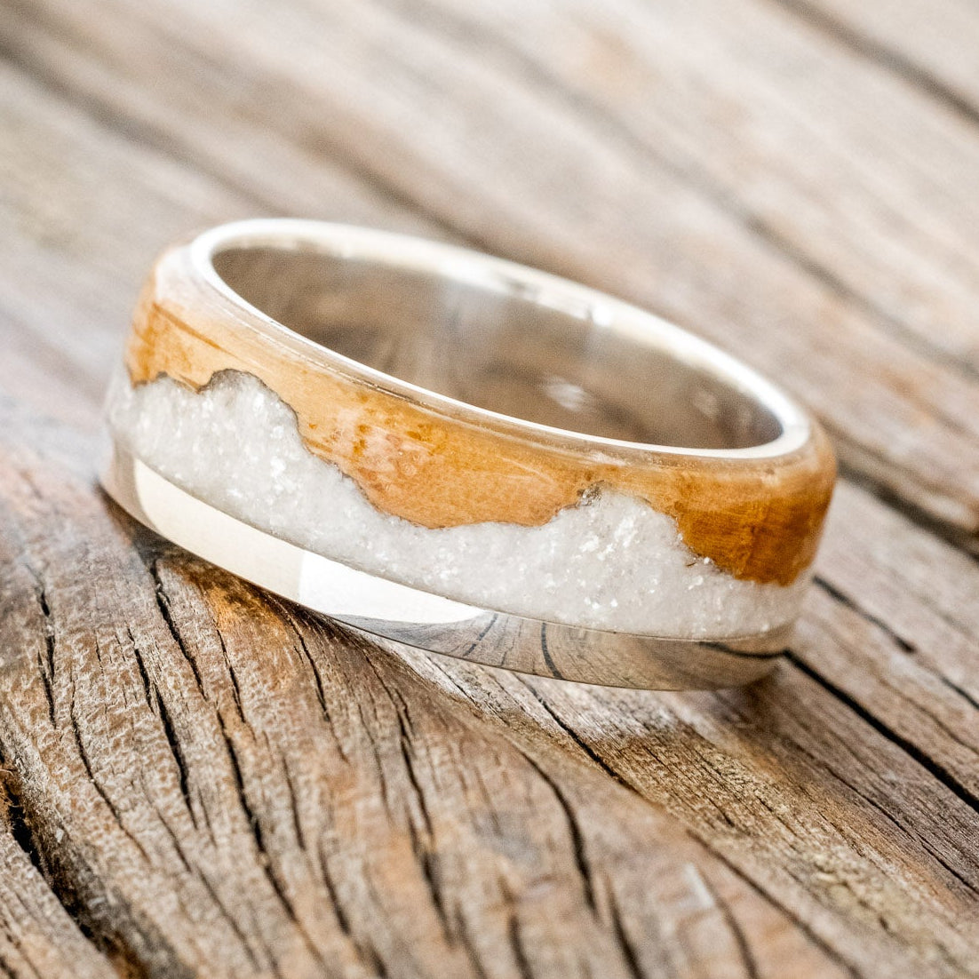 "EZRA" - WHISKEY BARREL OAK WITH DIAMOND DUST WEDDING RING-11