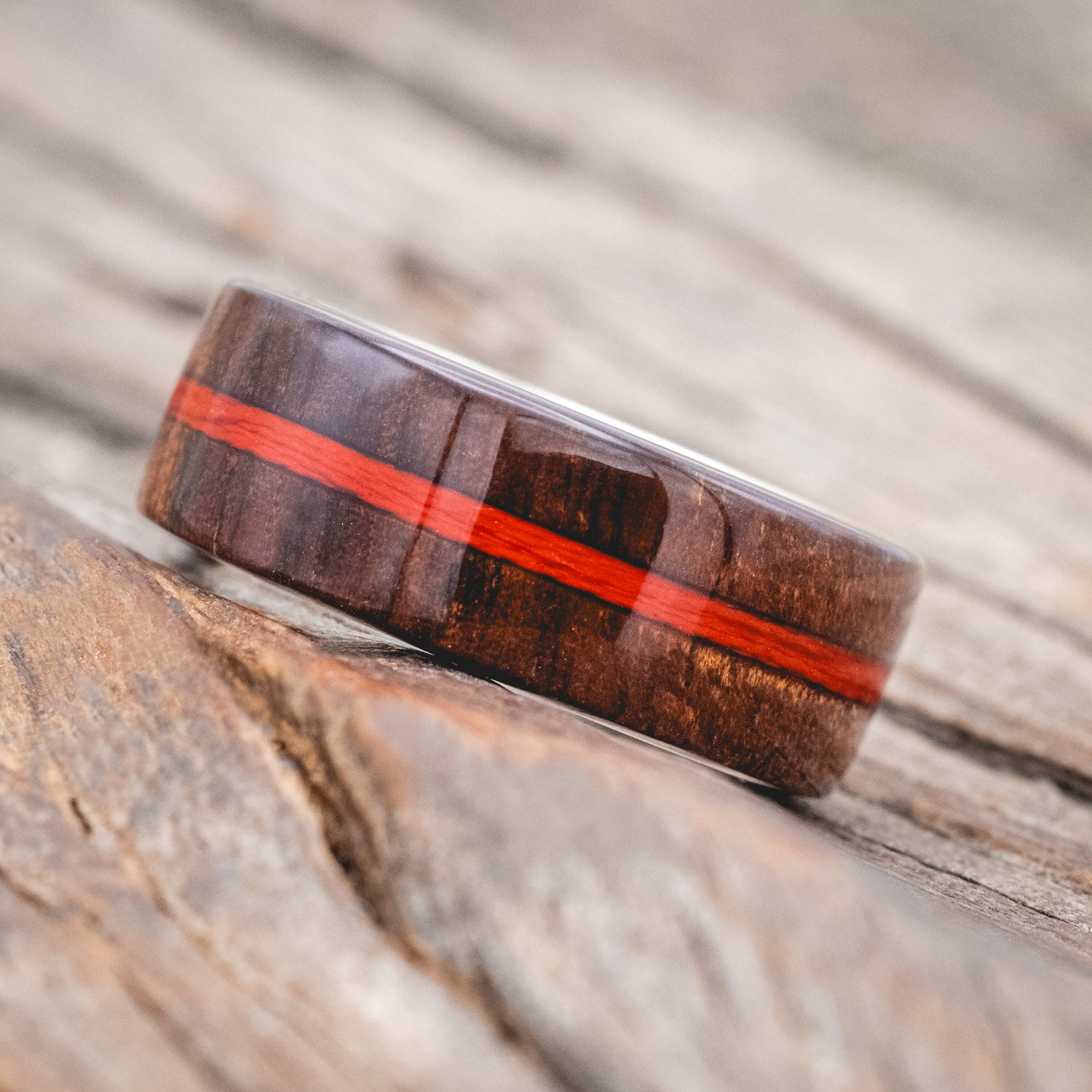 "Remmy" - men's wedding ring with koa wood overlays & centered red fishing line inlay
