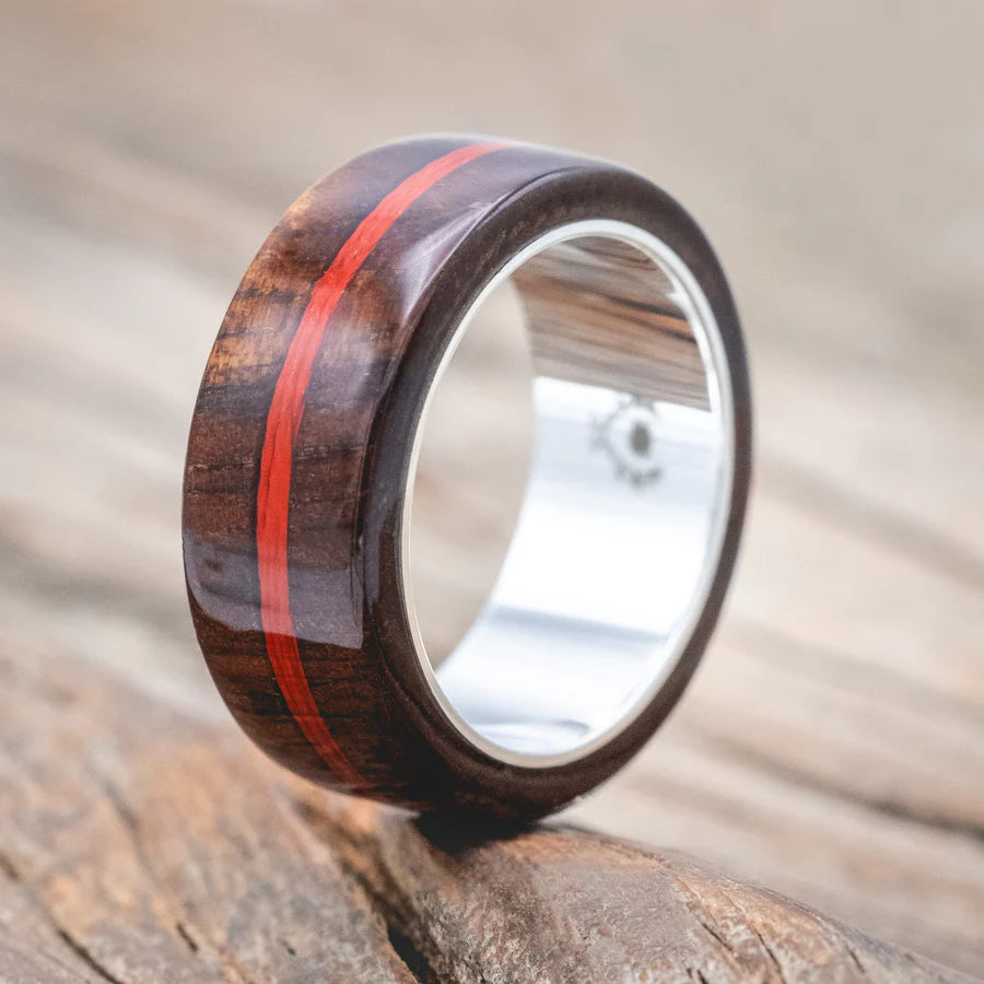 KOA WOOD WEDDING BAND WITH RED FISHING LINE INLAY - SILVER - SIZE 7-Staghead Designs