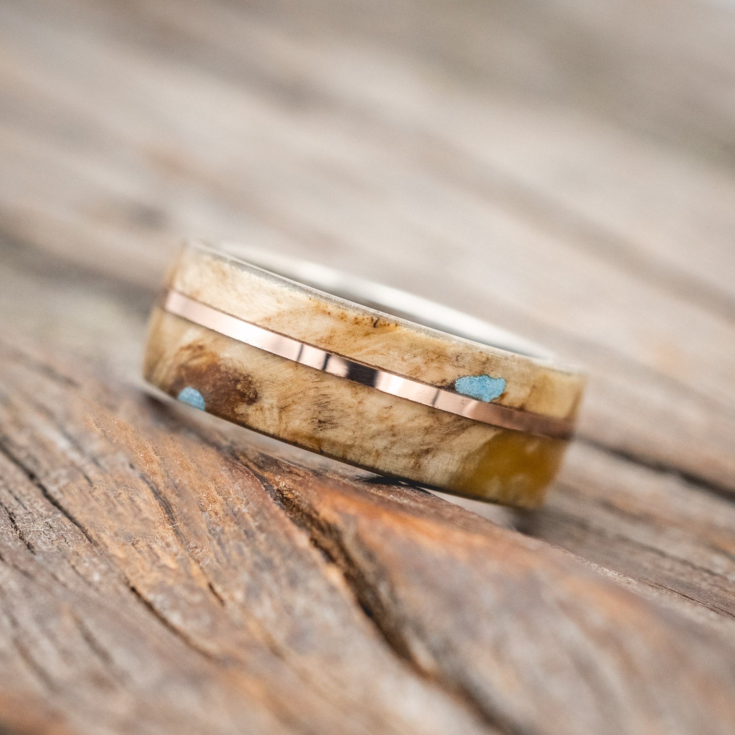 "GOLDEN" - BUCKEYE BURL WOOD & TURQUOISE WEDDING BAND WITH 14K GOLD INLAY-Staghead Designs