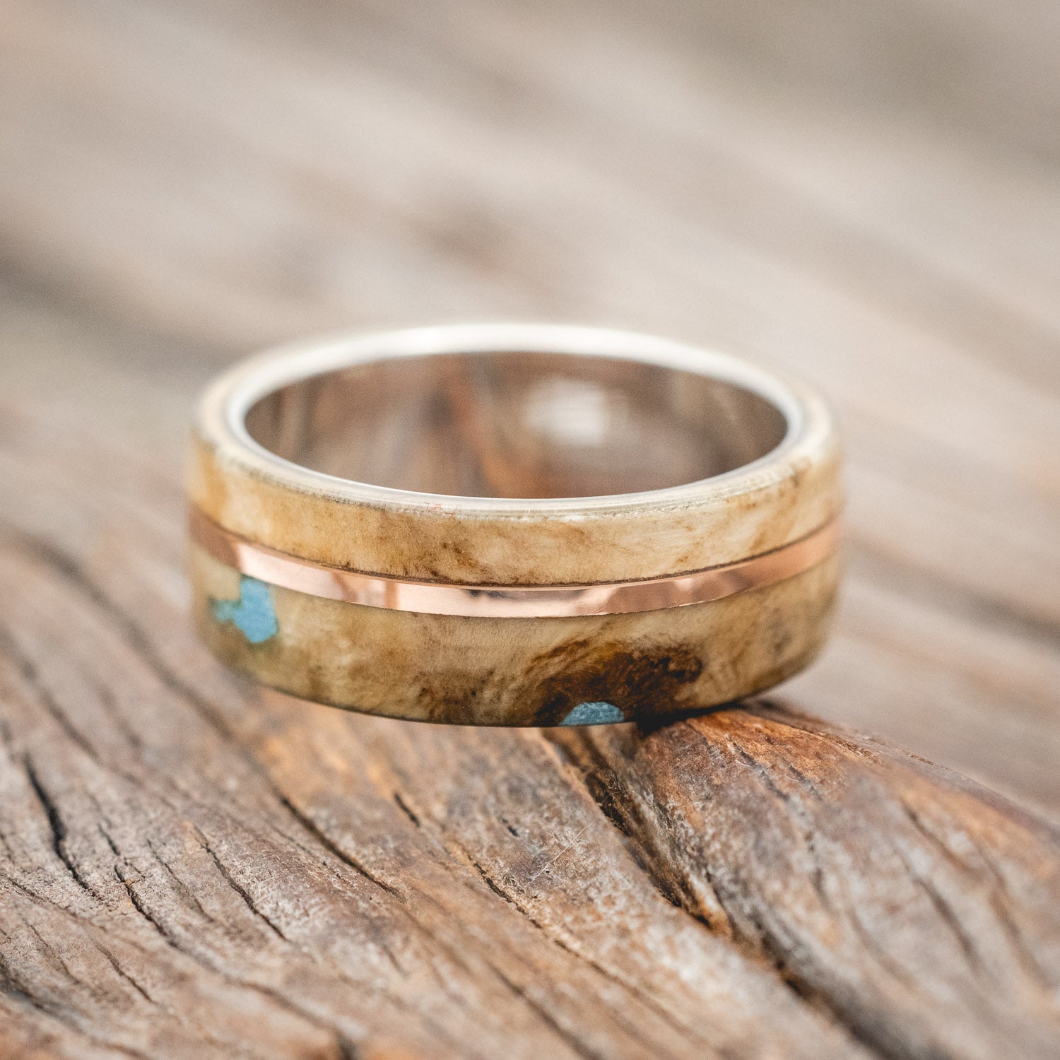 "GOLDEN" - BUCKEYE BURL WOOD & TURQUOISE WEDDING BAND WITH 14K GOLD INLAY-Staghead Designs