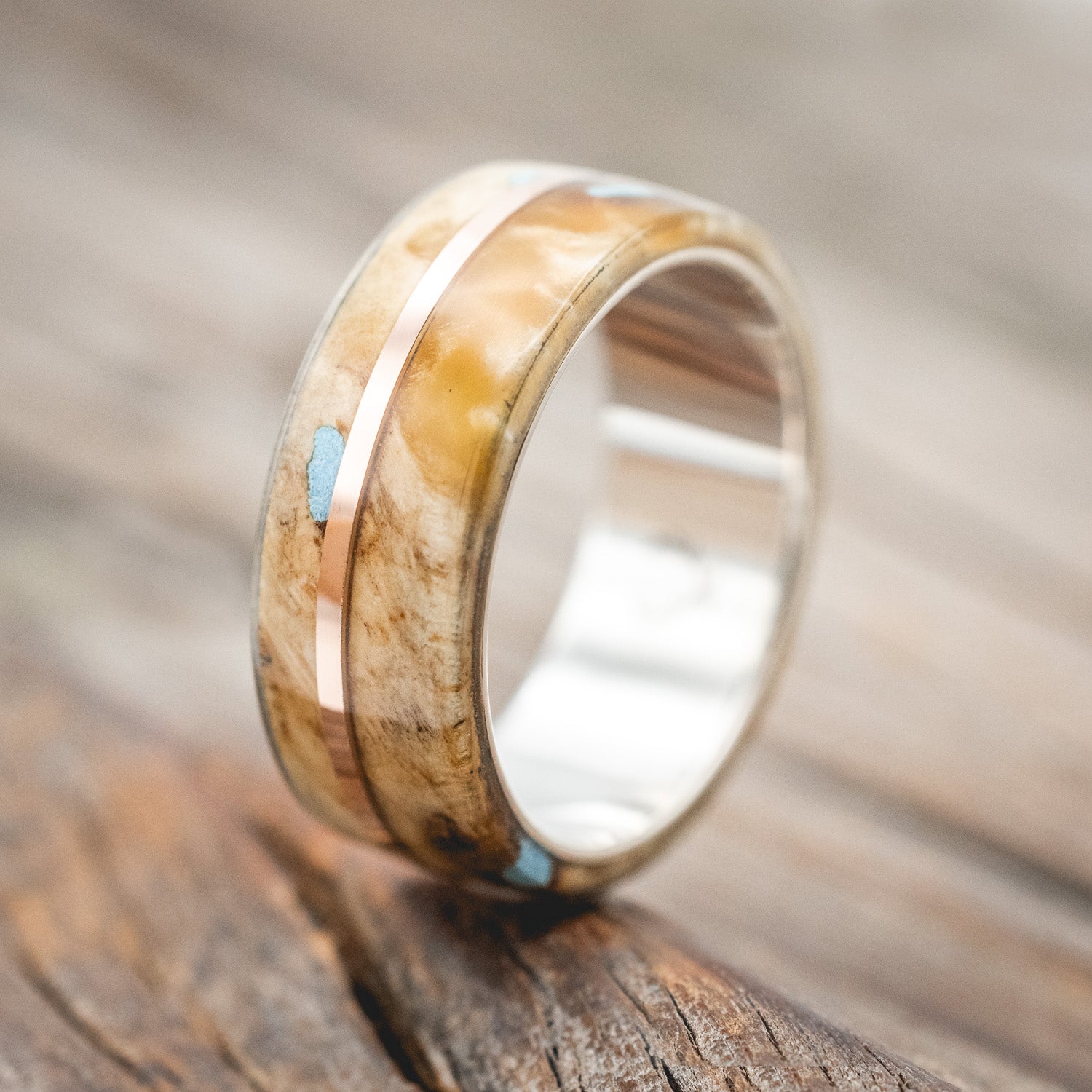 "GOLDEN" - BUCKEYE BURL WOOD & TURQUOISE WEDDING BAND WITH 14K GOLD INLAY-Staghead Designs