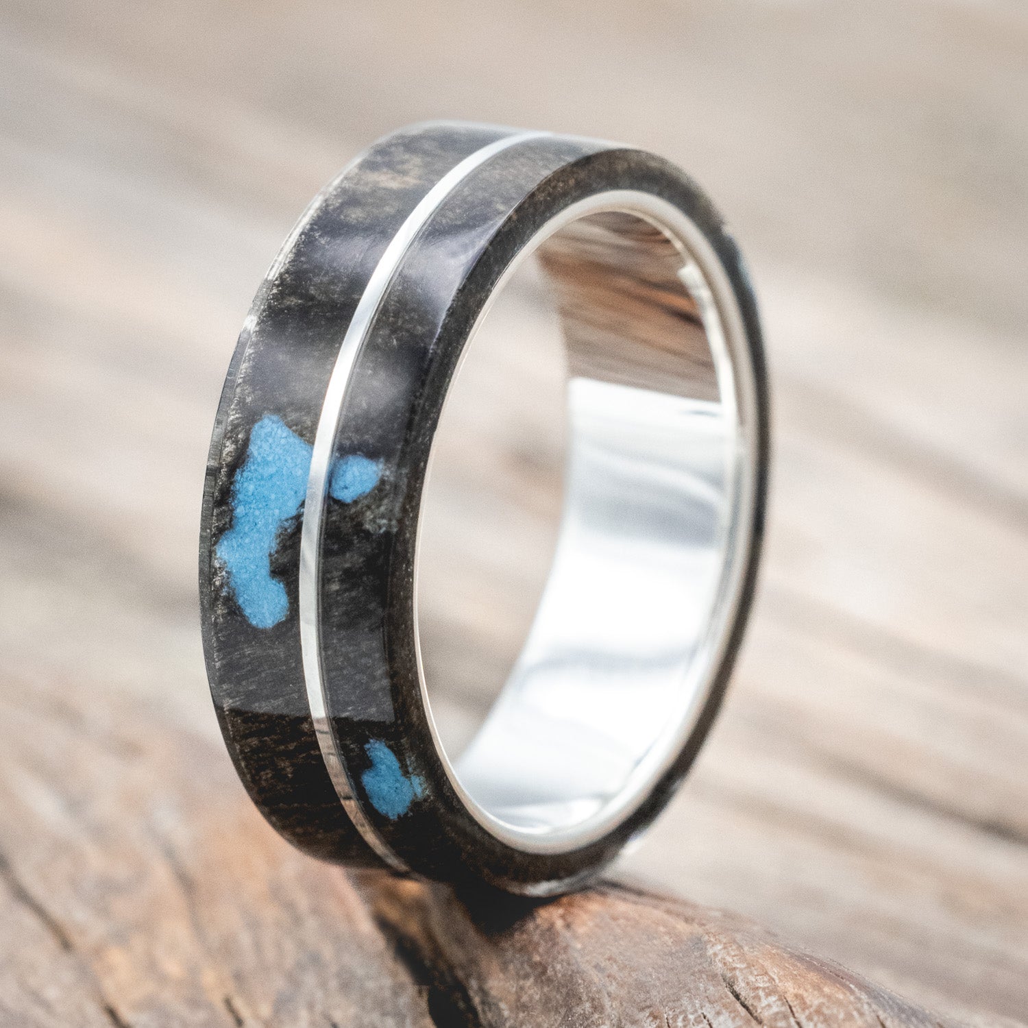 "GOLDEN" - BUCKEYE BURL WOOD & TURQUOISE INLAYS WEDDING BAND-Staghead Designs