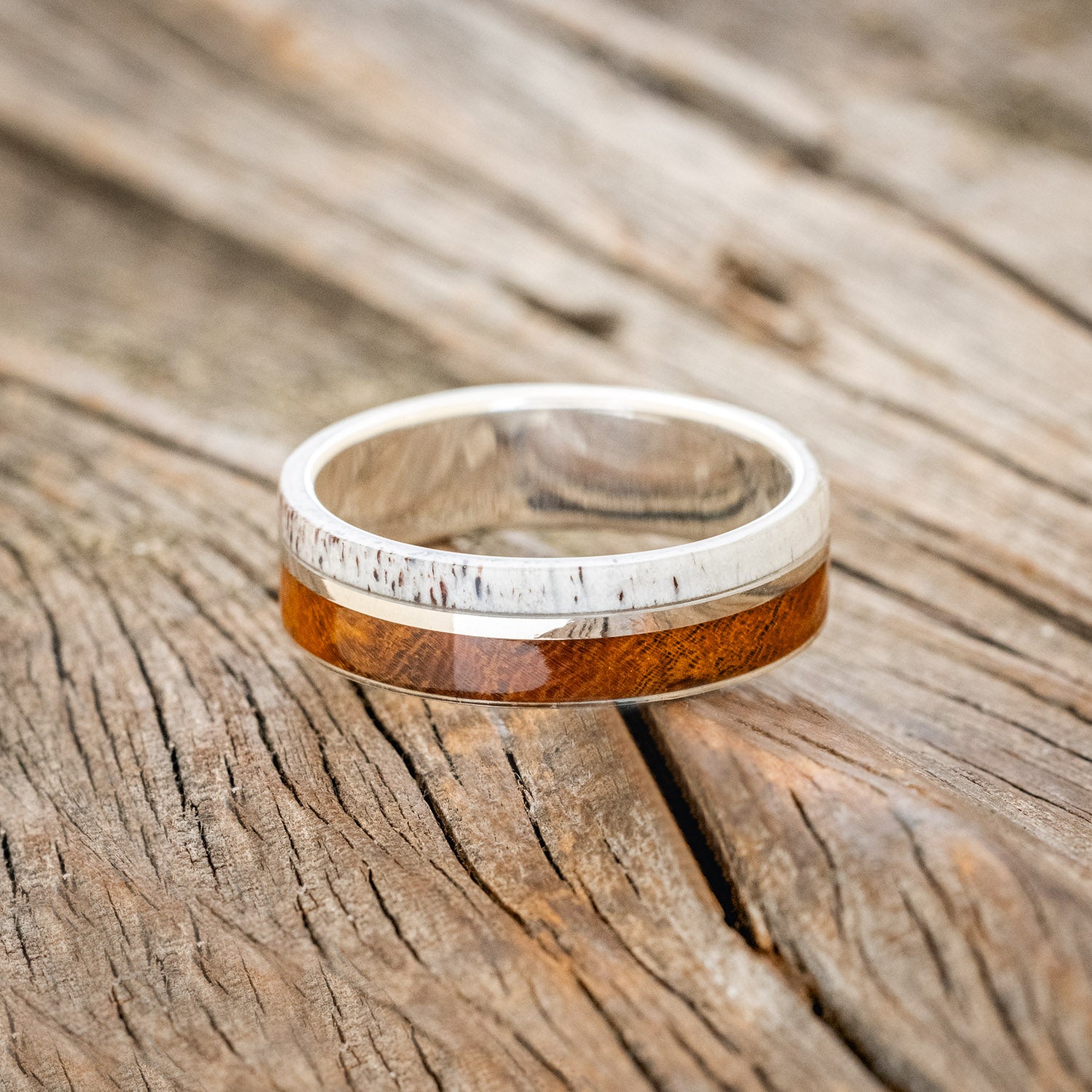 "GOLDEN" - IRONWOOD, ANTLER & 14K WHITE GOLD INLAY WEDDING BAND-6