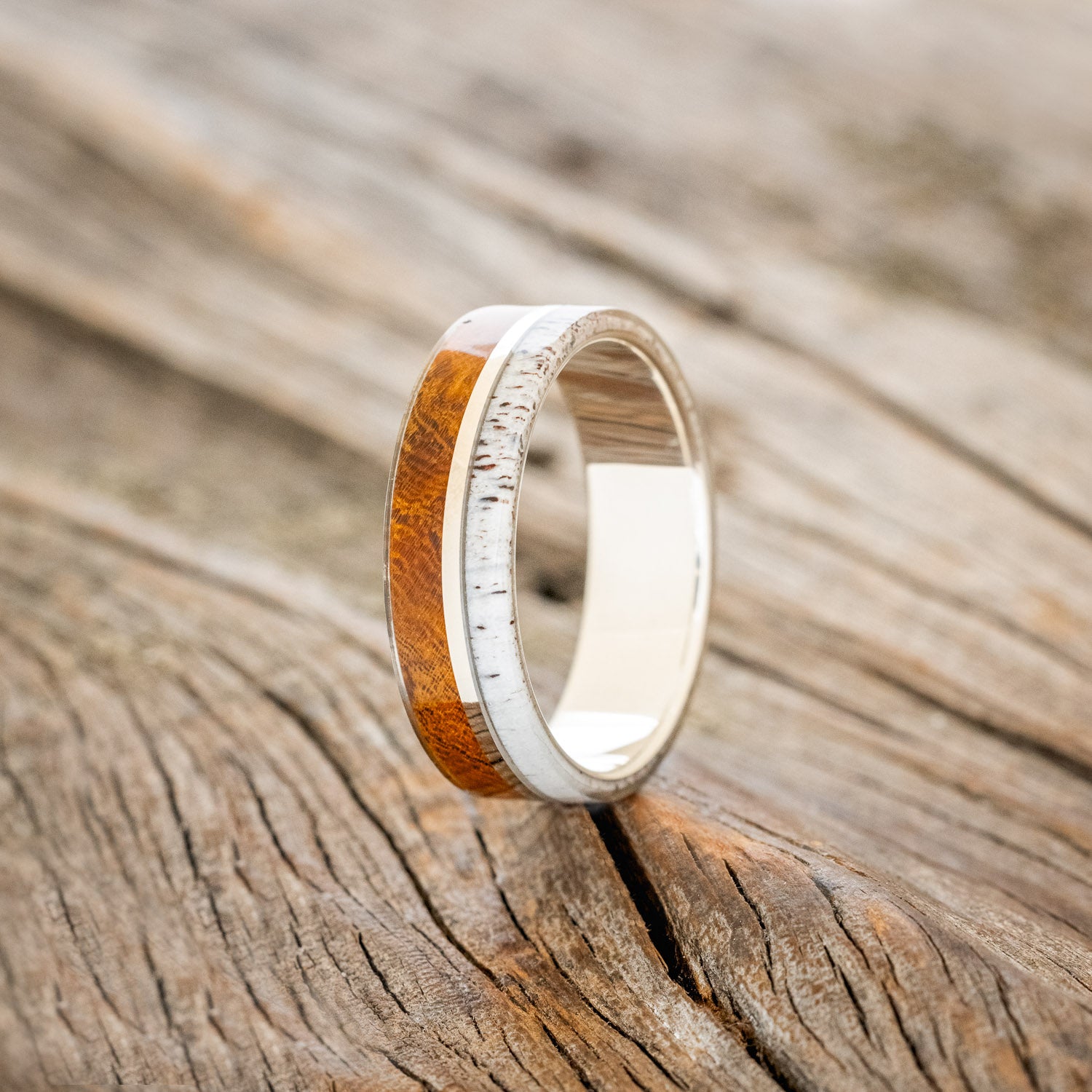 "GOLDEN" - IRONWOOD, ANTLER & 14K WHITE GOLD INLAY WEDDING BAND-4