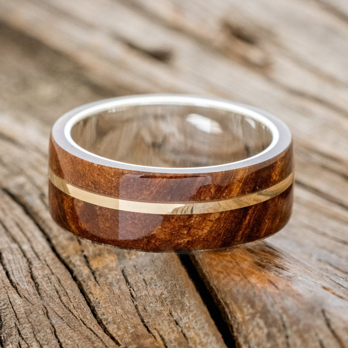 "GOLDEN" - REDWOOD & 14K GOLD INLAY WEDDING BAND-9