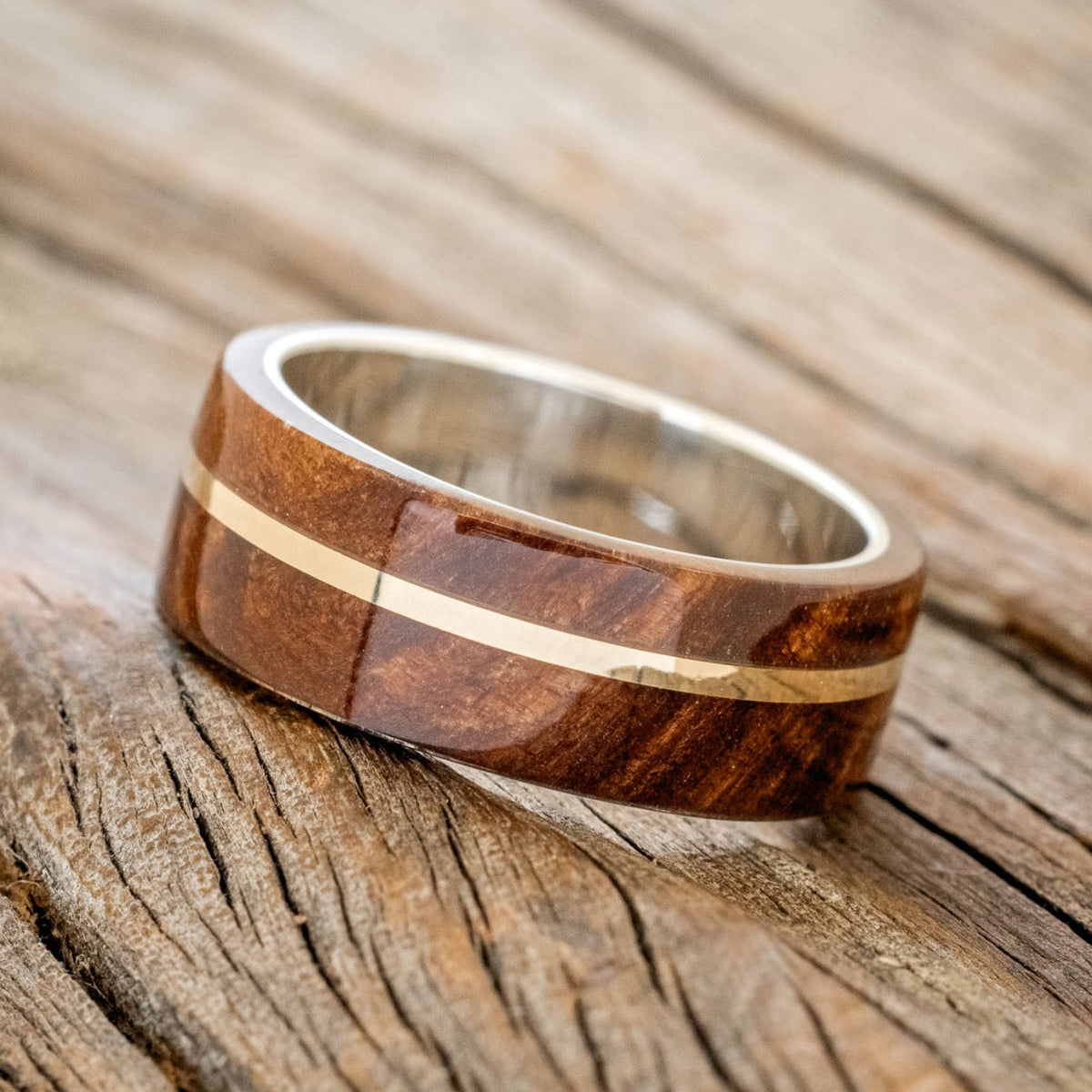 "GOLDEN" - REDWOOD & 14K GOLD INLAY WEDDING BAND-8