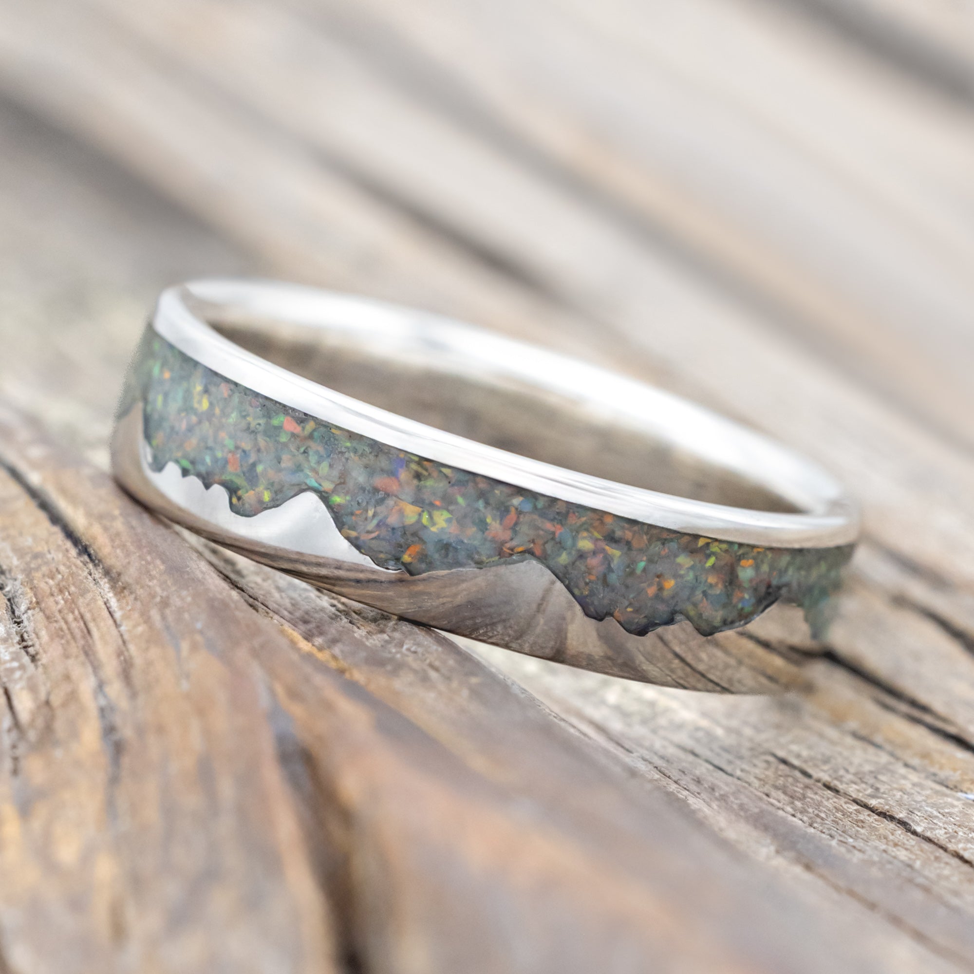 "HELIOS" - FIRE & ICE OPAL WITH SILVER MOUNTAIN RANGE WEDDING RING-Staghead Designs