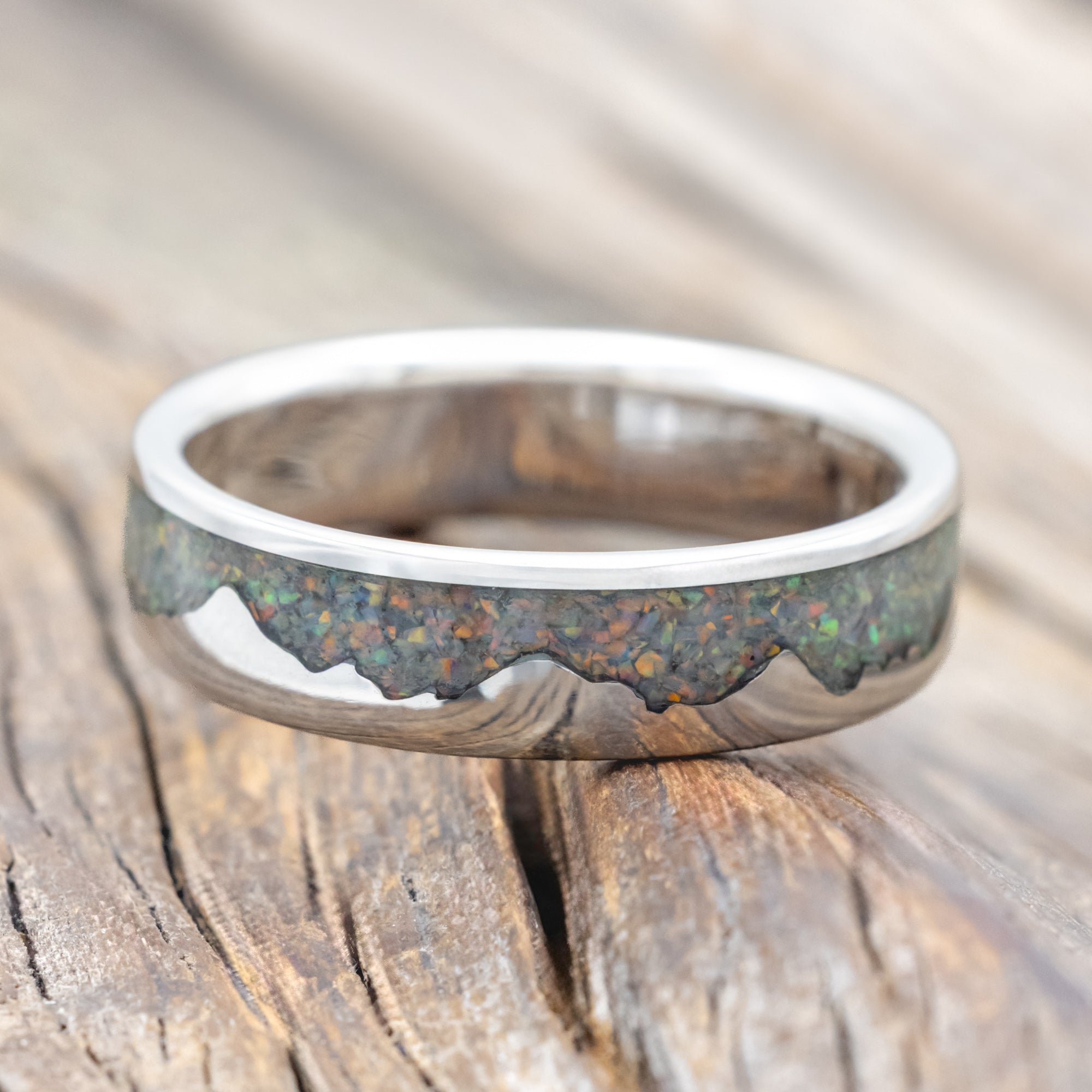 "HELIOS" - FIRE & ICE OPAL WITH SILVER MOUNTAIN RANGE WEDDING RING-Staghead Designs