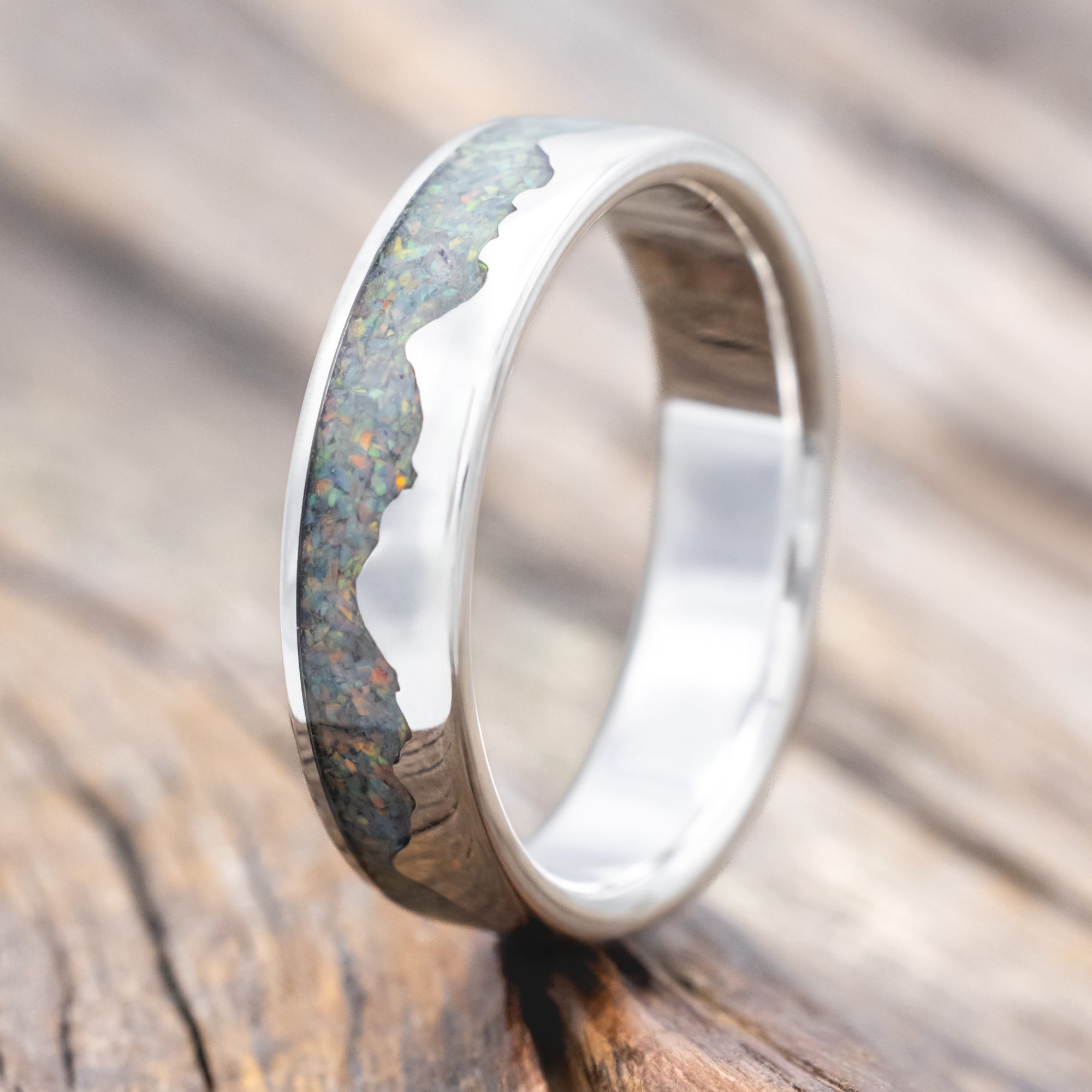 "HELIOS" - FIRE & ICE OPAL WITH SILVER MOUNTAIN RANGE WEDDING RING-Staghead Designs