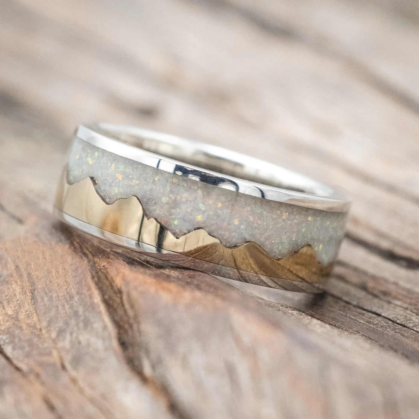 "Helios" - 14K Gold Andes Mountain Range With Fire And Ice Opal Inlay Wedding Band - Titanium (8mm) - Size 9-Staghead Designs