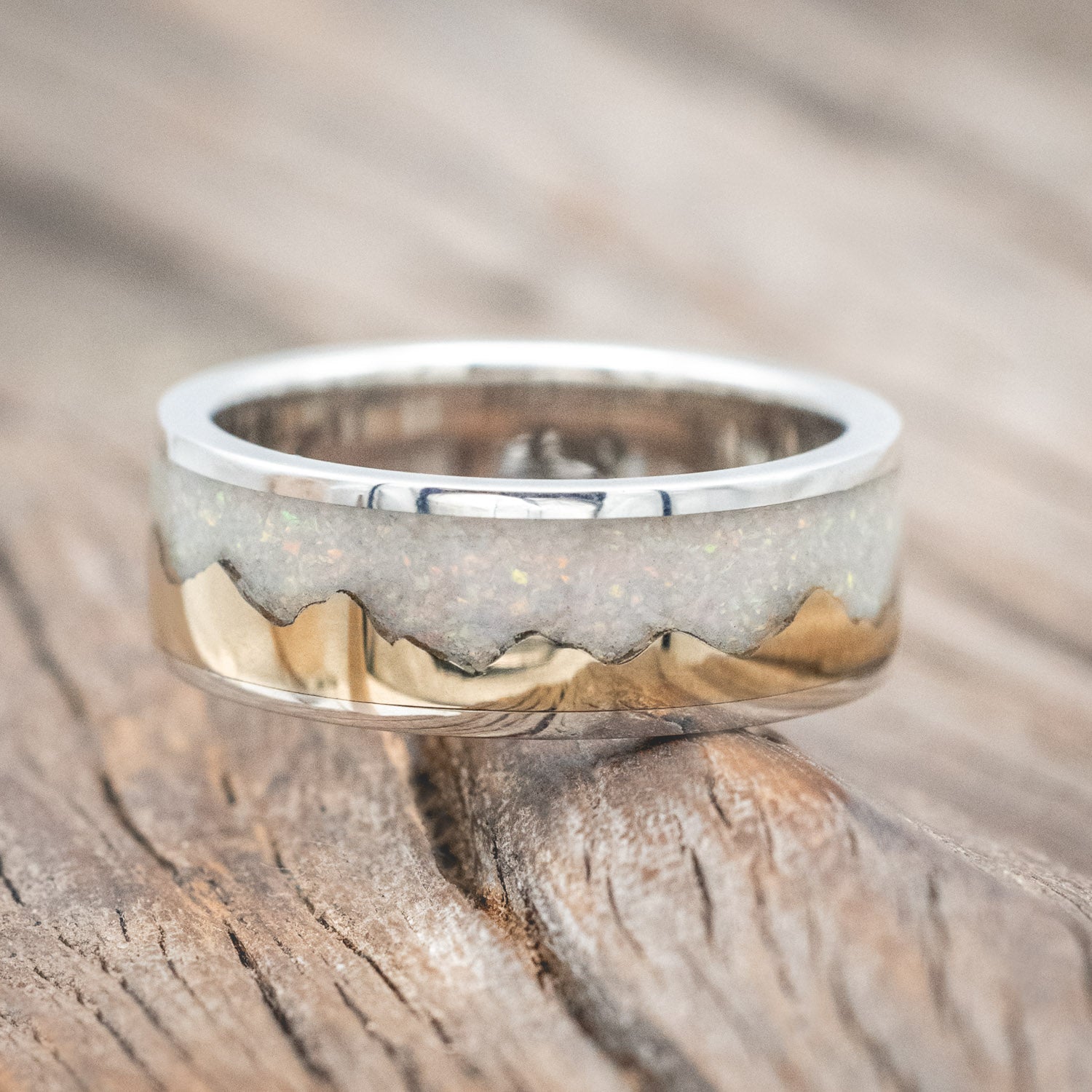 "HELIOS" - GOLD ANDES MOUNTAIN RANGE WITH FIRE AND ICE OPAL INLAY WEDDING BAND-Staghead Designs