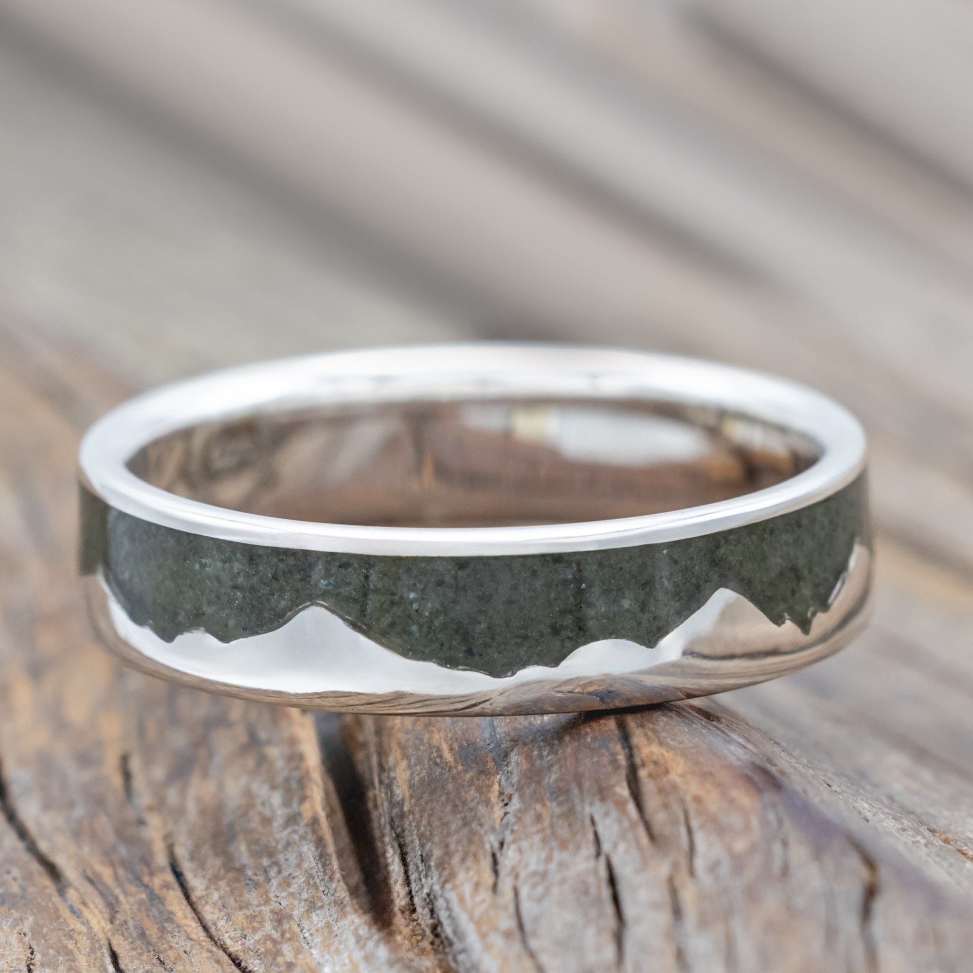"Helios" - Crushed Moss Agate Mountain Range Wedding Band-Staghead Designs