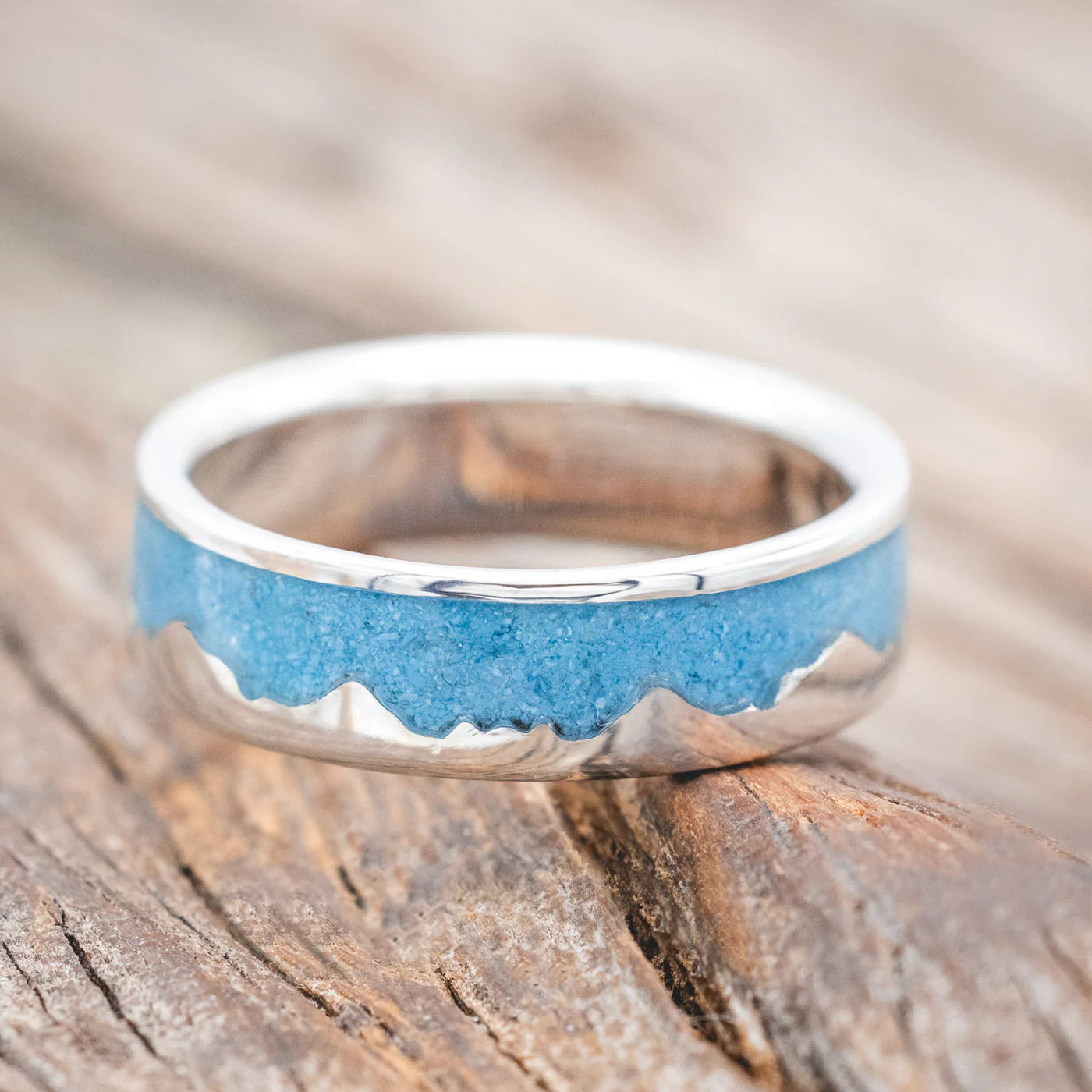 "Helios" - Mountain Range Wedding Band With Turquoise - Silver (6mm) - Size 8 1/2