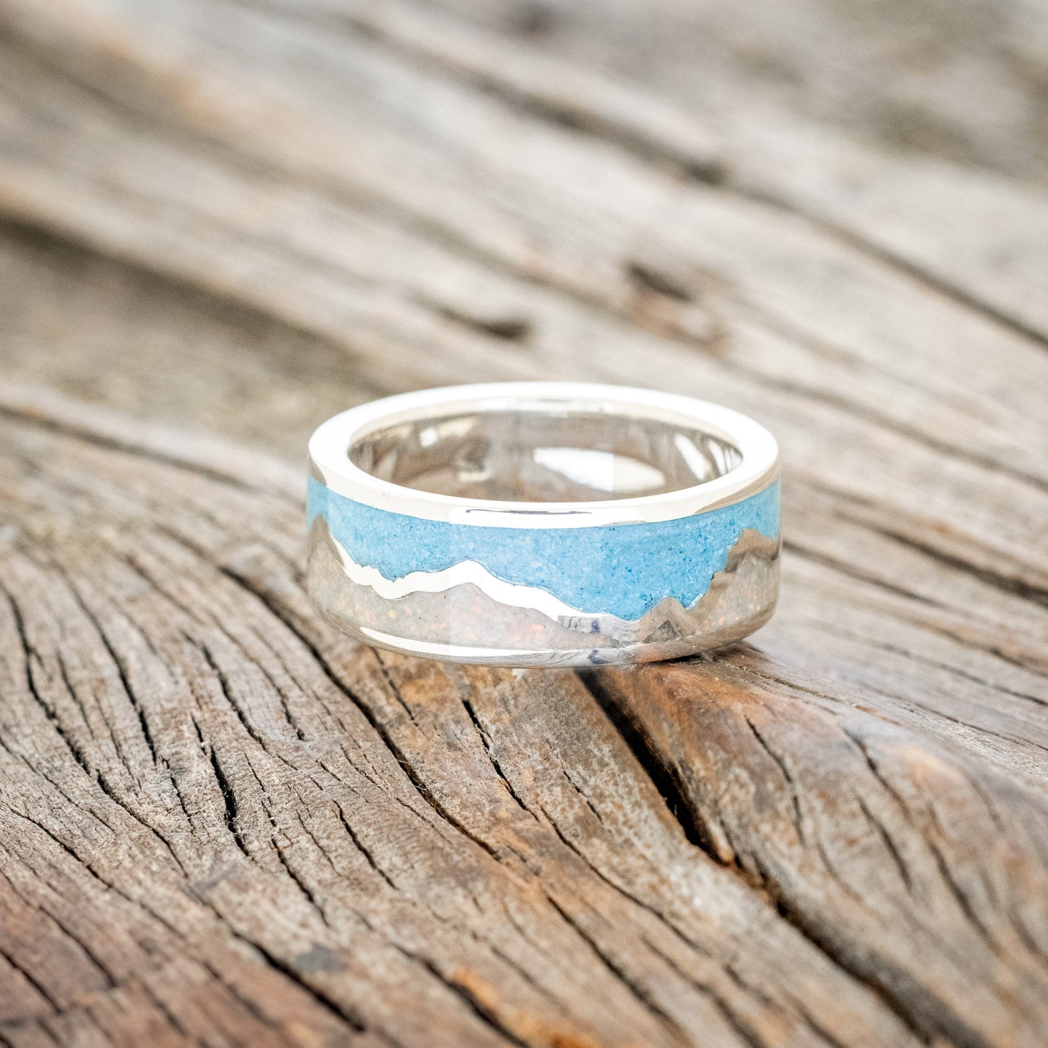 "PEAK" - WHITE OPAL & TURQUOISE INLAY WITH MOUNTAIN RANGE WEDDING BAND-3