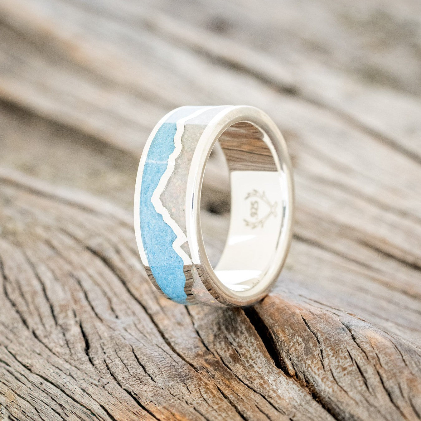 "PEAK" - WHITE OPAL & TURQUOISE INLAY WITH MOUNTAIN RANGE WEDDING BAND-2