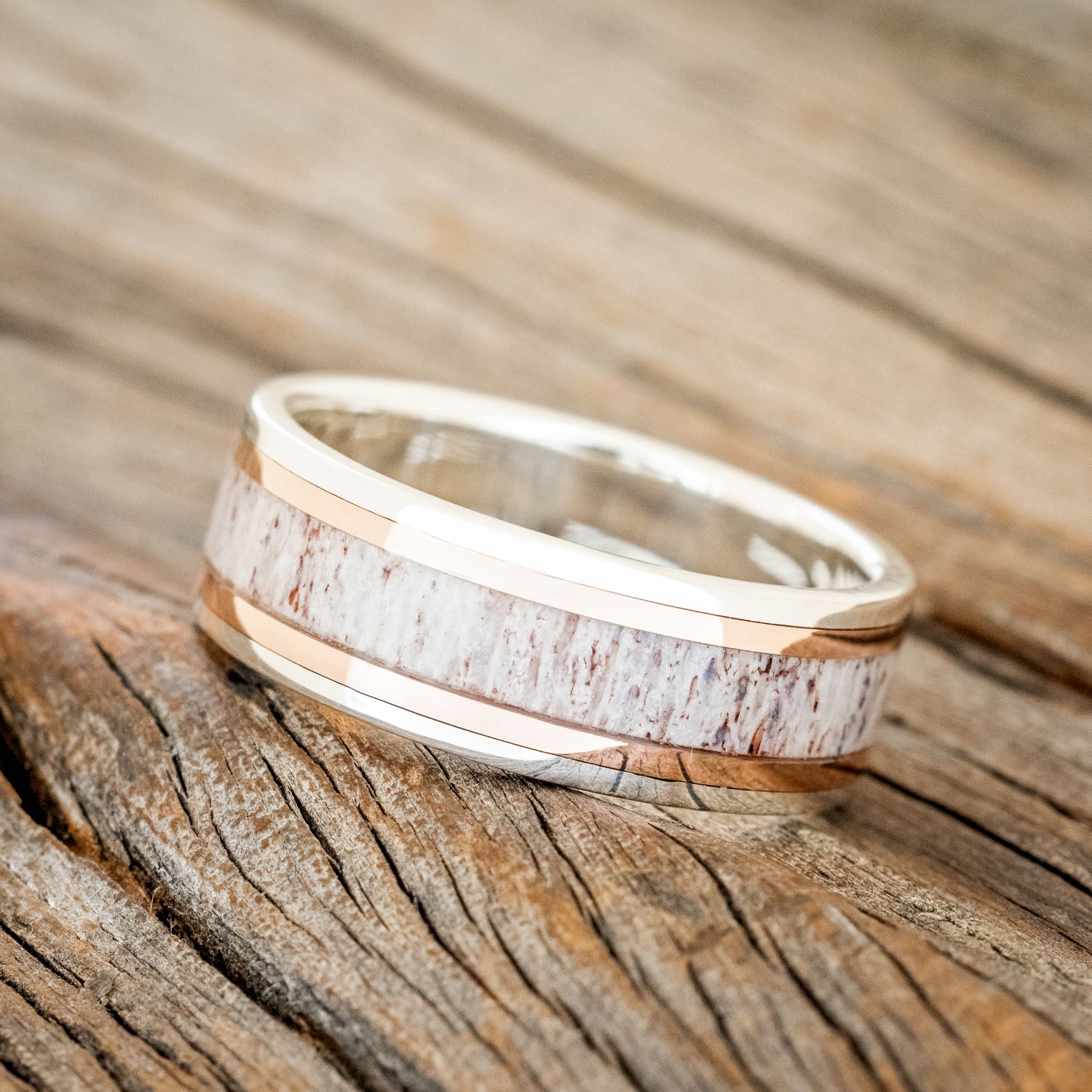 "HOLLIS" - ANTLER & 14K GOLD INLAYS WEDDING RING WITH A HAMMERED FINISH-8