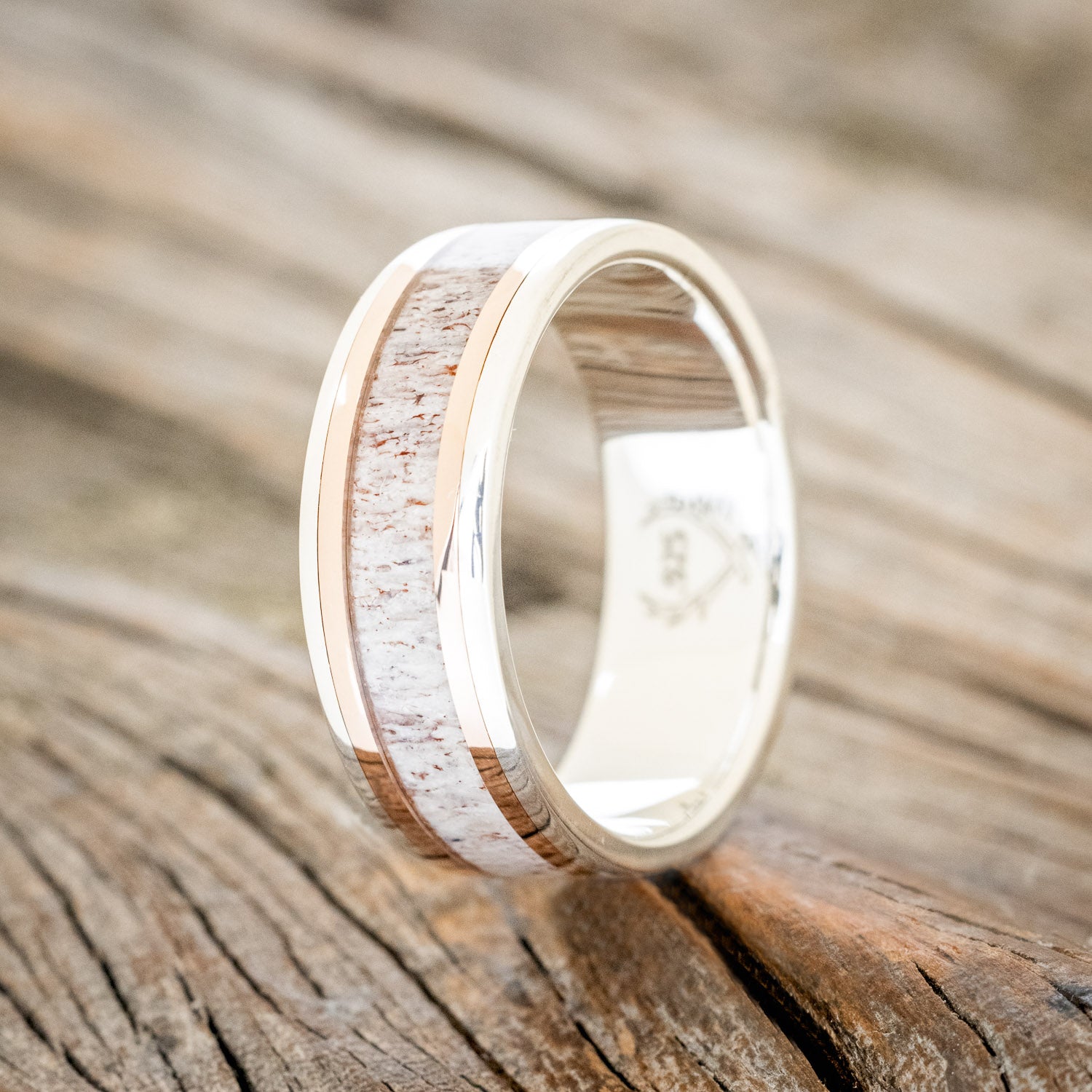 "HOLLIS" - ANTLER & 14K GOLD INLAYS WEDDING RING WITH A HAMMERED FINISH-7