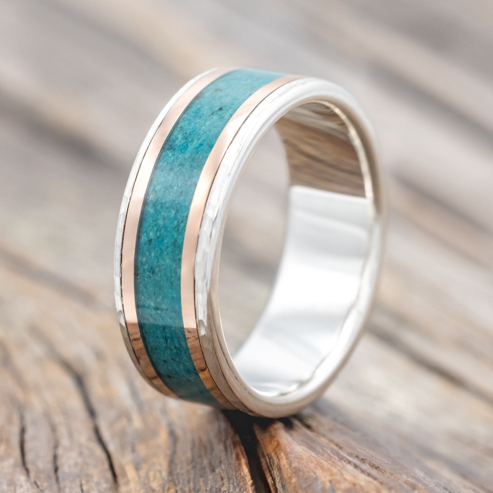 "HOLLIS" - CHRYSOCOLLA & 14K GOLD INLAYS WEDDING RING-Staghead Designs